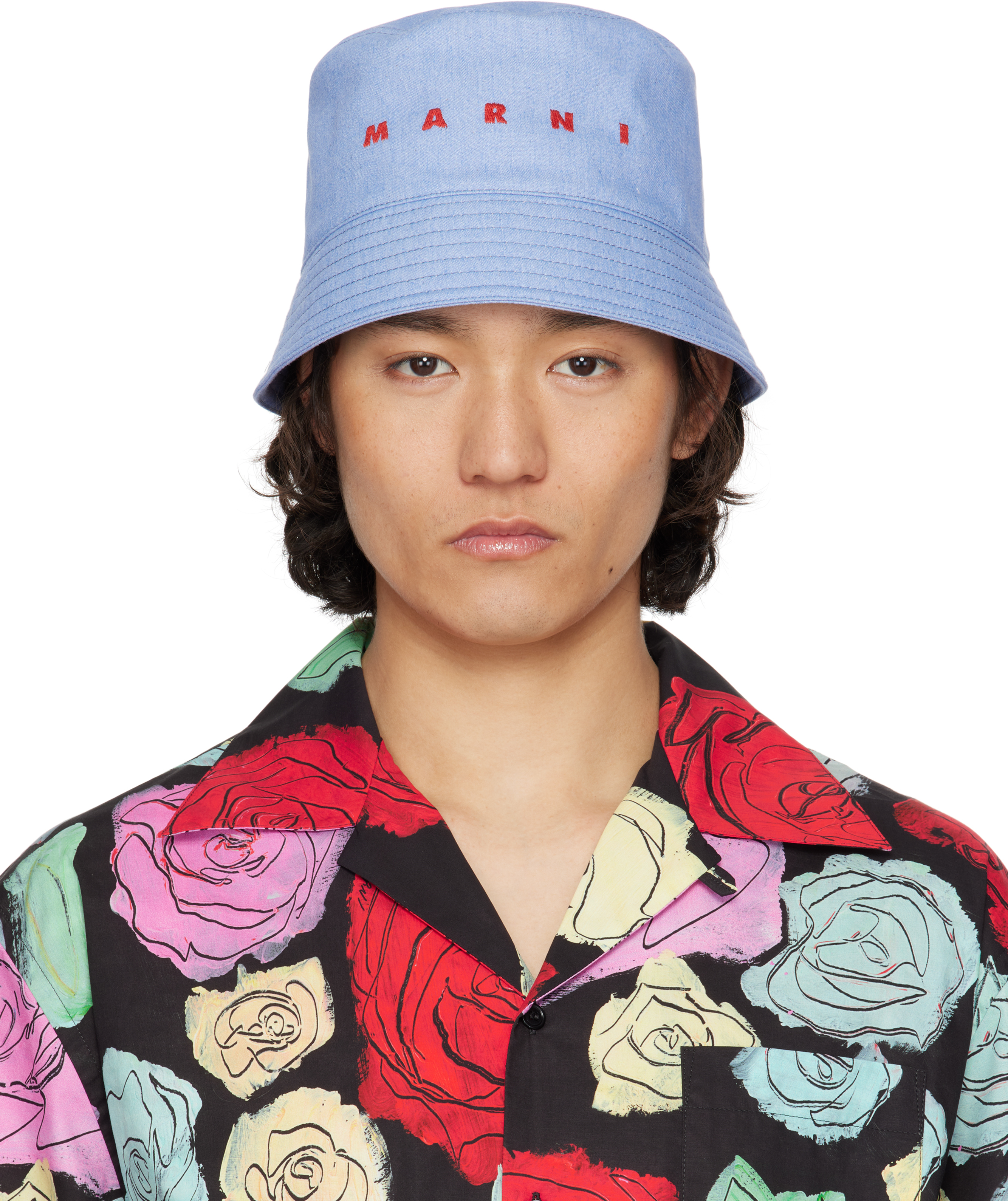 Marni: ブルー ロゴ刺繍 デニム バケットハット | SSENSE 日本 Marni: ブルー ロゴ刺繍 デニム バケットハット | SSENSE 日本
