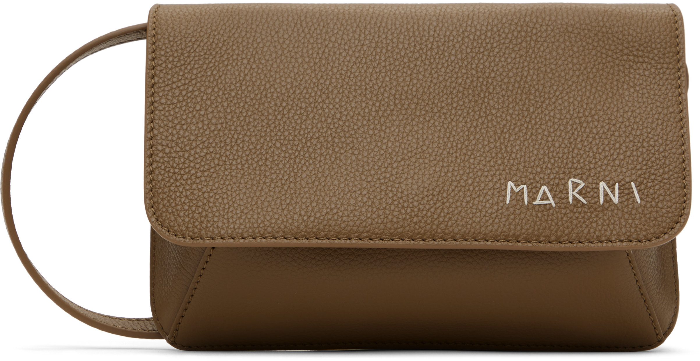 Taupe Marni Mending Embroidery Leather Shoulder Bag