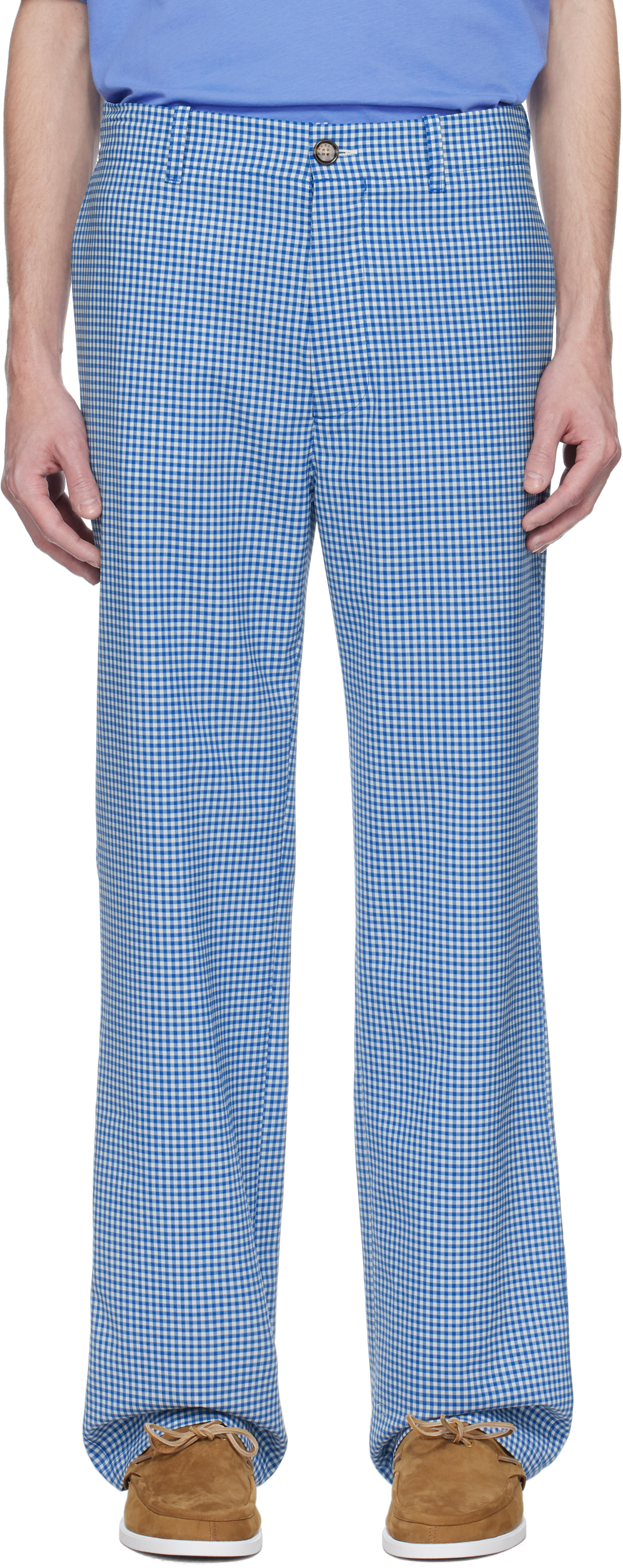 Blue & White Wool Blend Gingham Trousers by Marni on Sale