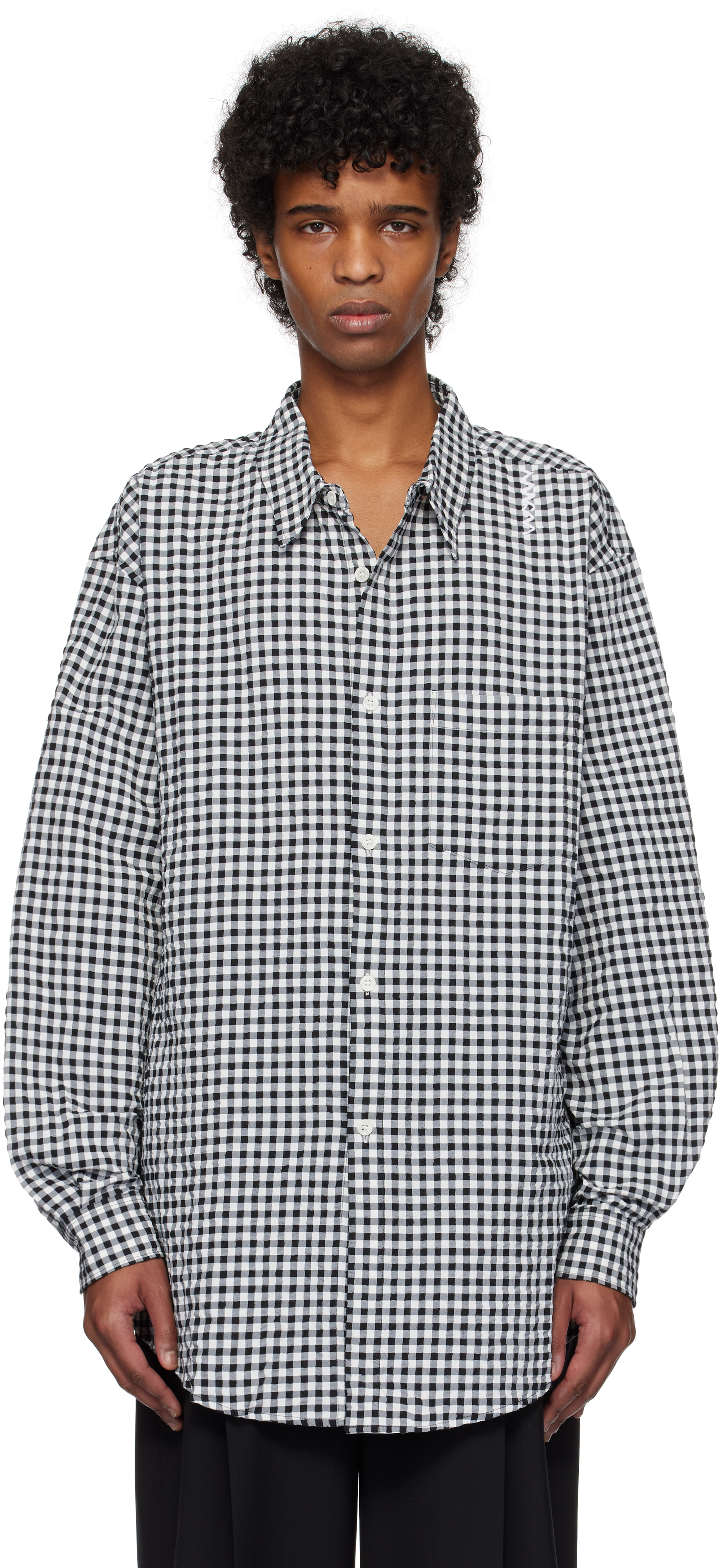 Black 
White Gingham Seersucker Long Sleeve Shirt