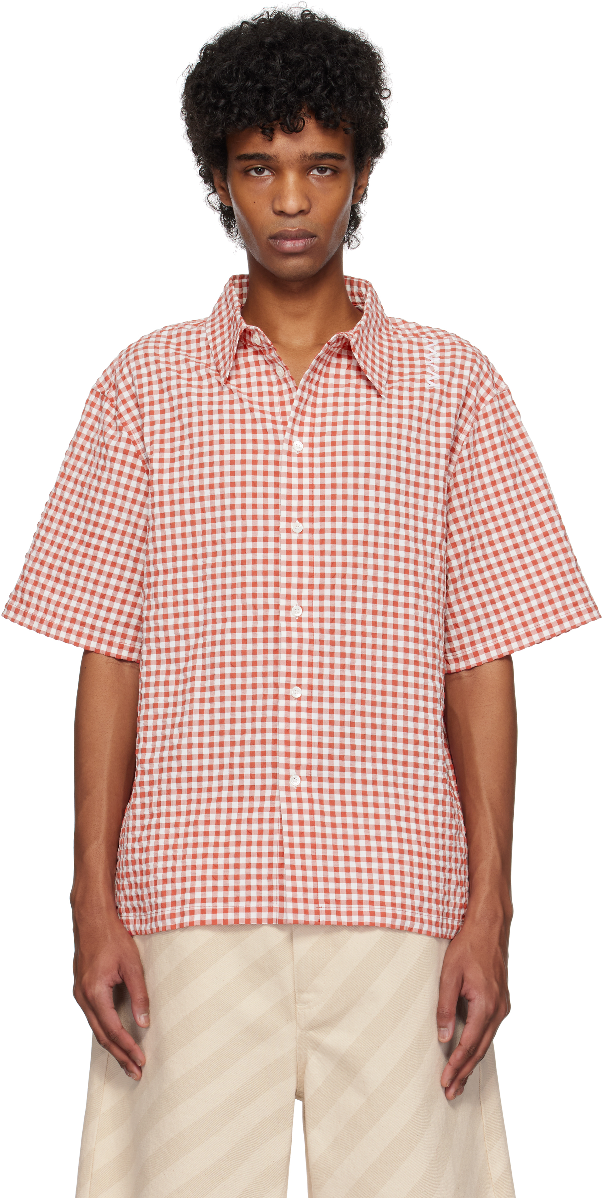 Marni: Red & White Gingham Seersucker Shirt | SSENSE