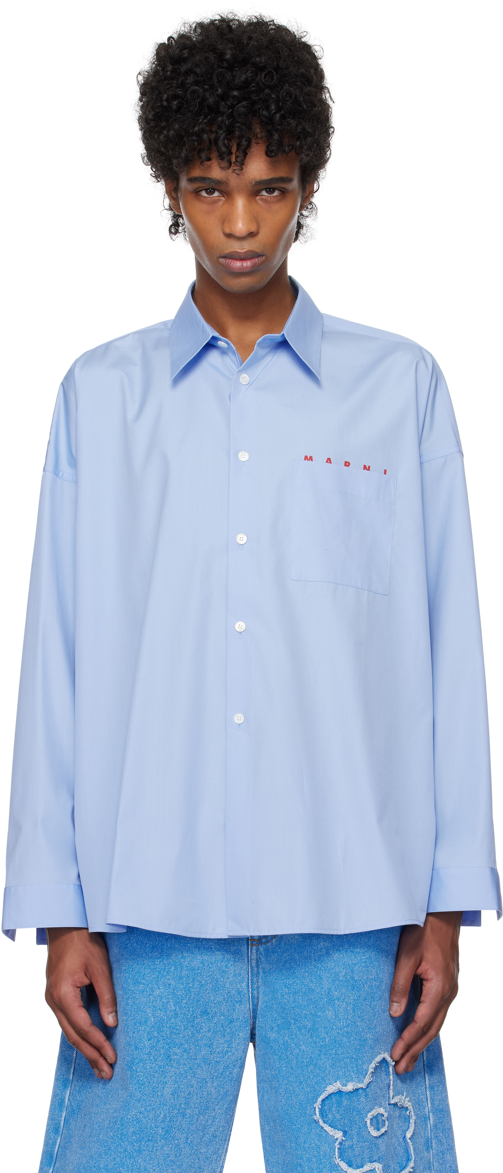 Marni: ブルー Peeping Marni Logo シャツ | SSENSE 日本 Marni: ブルー Peeping Marni Logo シャツ | SSENSE 日本
