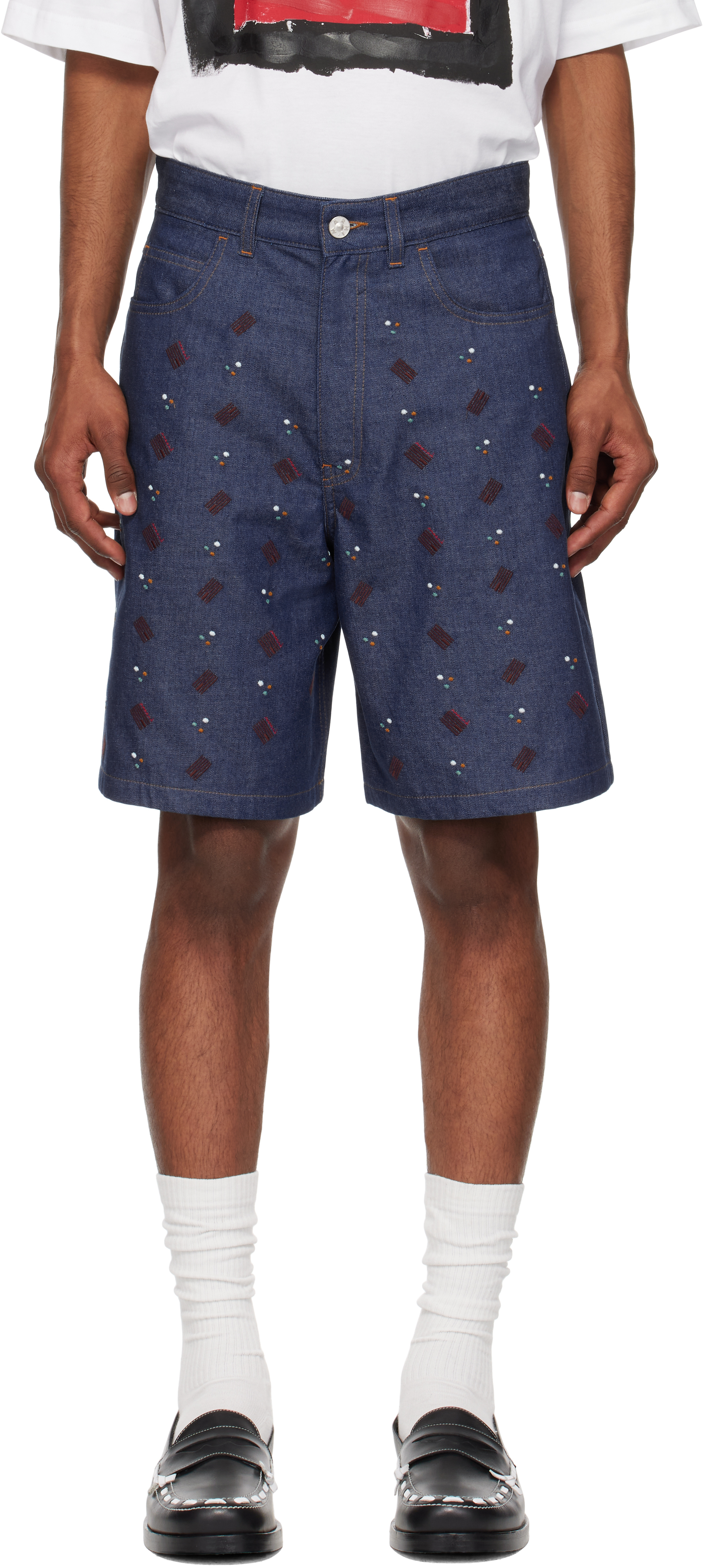 Navy Embroidered Denim Shorts
