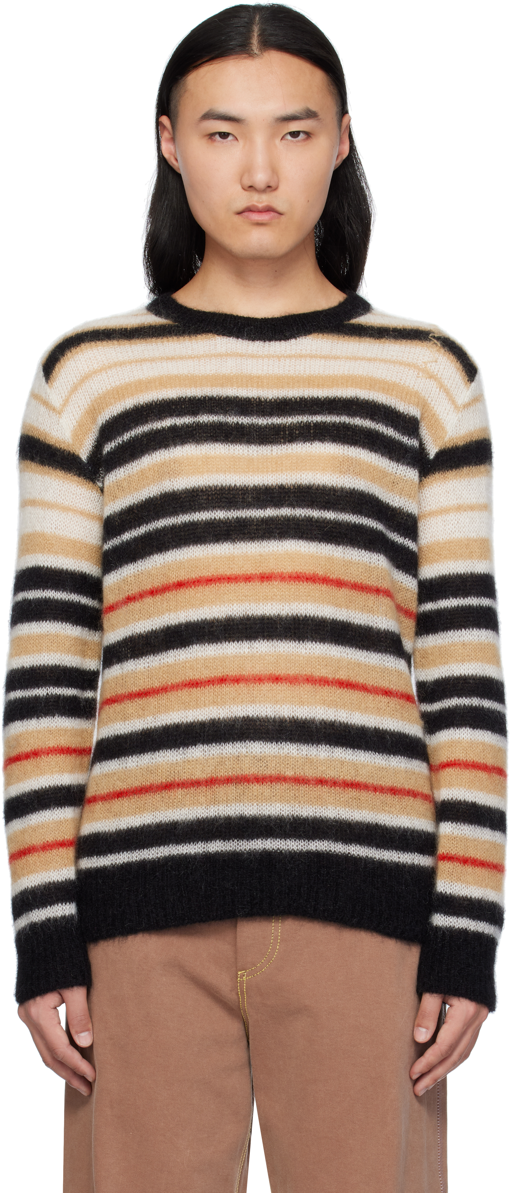 Beige 
Black Striped Brushed Mohair Sweater