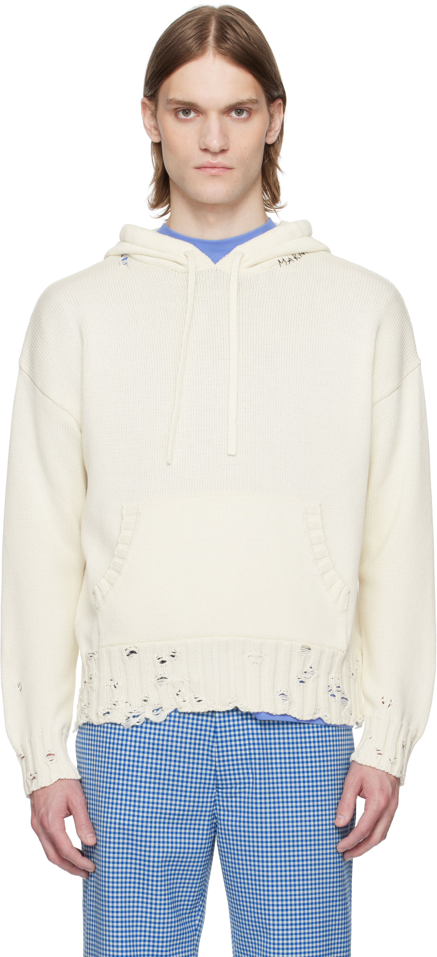 Shop Marni Off-white Dishevelled Cotton Hoodie In 00w01 Lily White