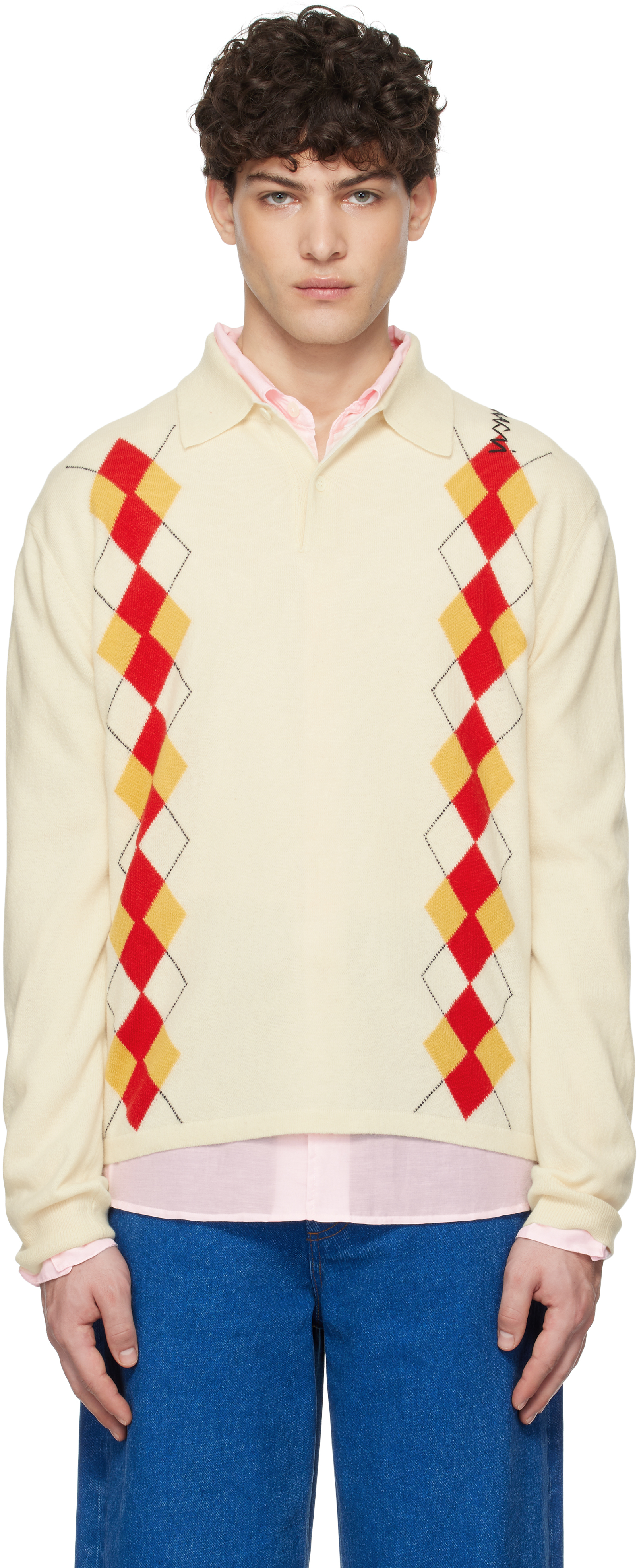 Off-White Intarsia Argyle Detail Long Sleeve Polo