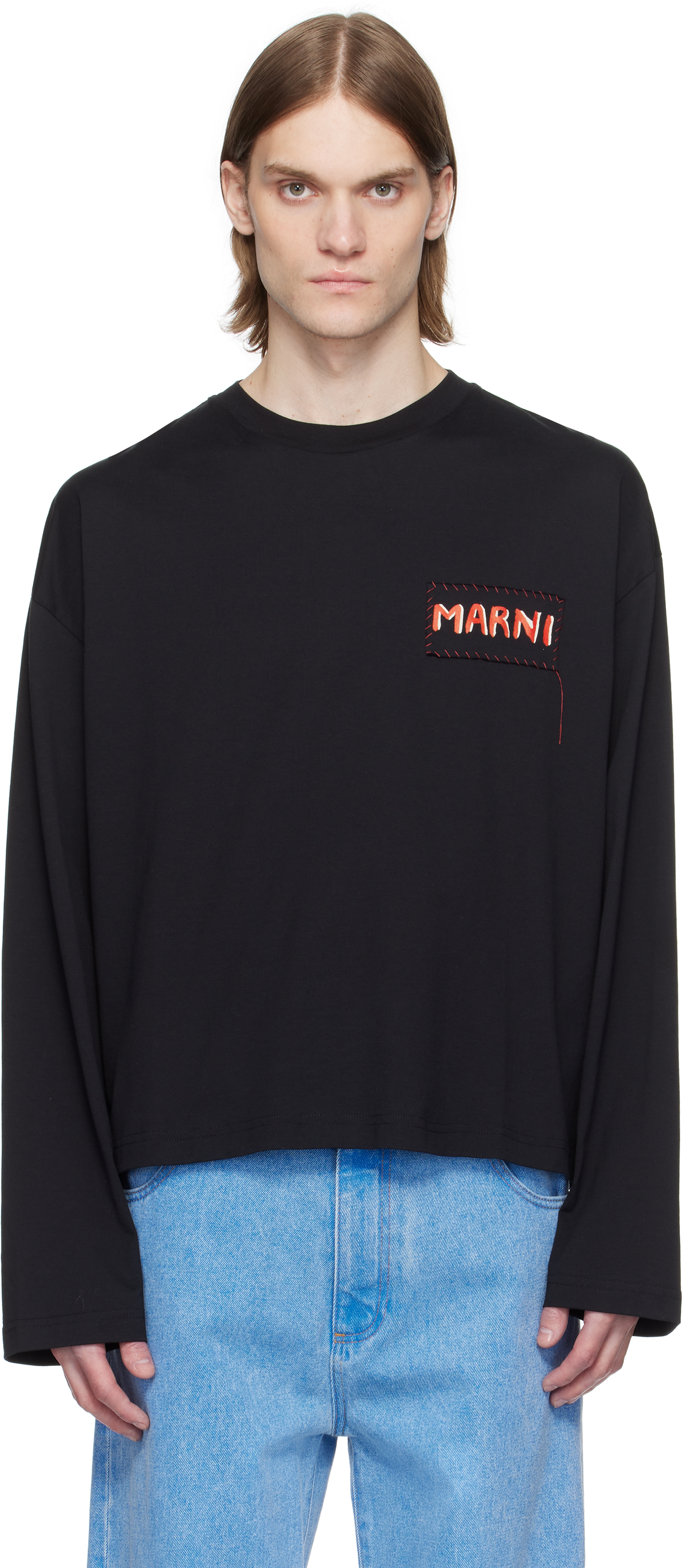 Marni: ブラック ロゴパッチ 長袖Tシャツ | SSENSE 日本