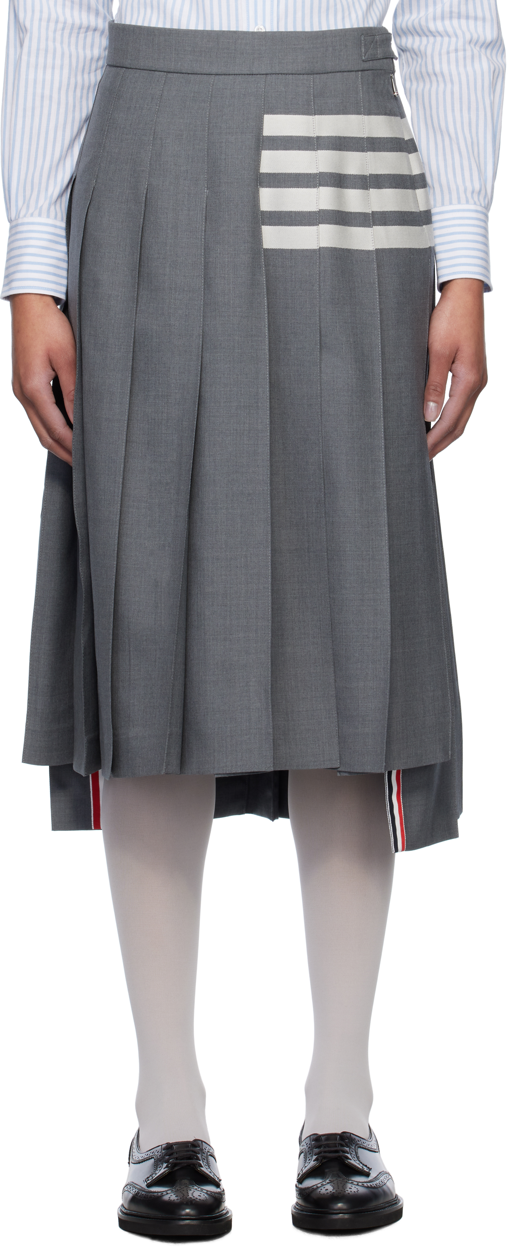 Gray Plain Weave 4-Bar Pleated Midi Skirt