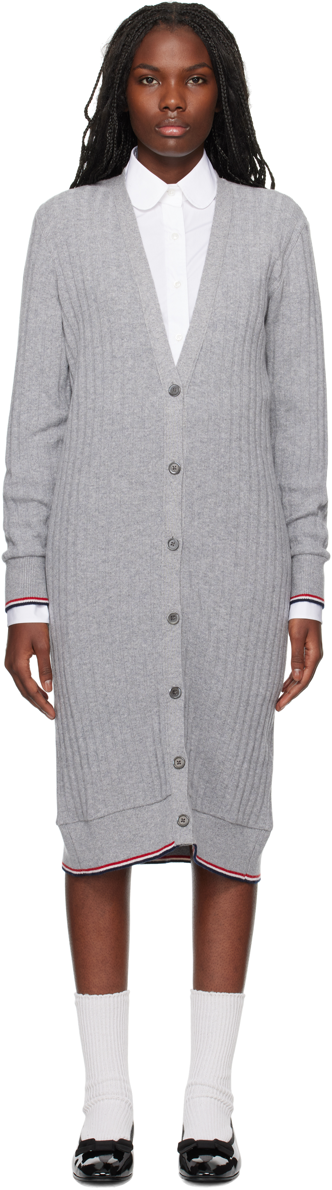 Thom Browne Gray Wide Rib Cashmere Cardigan Midi Dress In 059 Light Grey