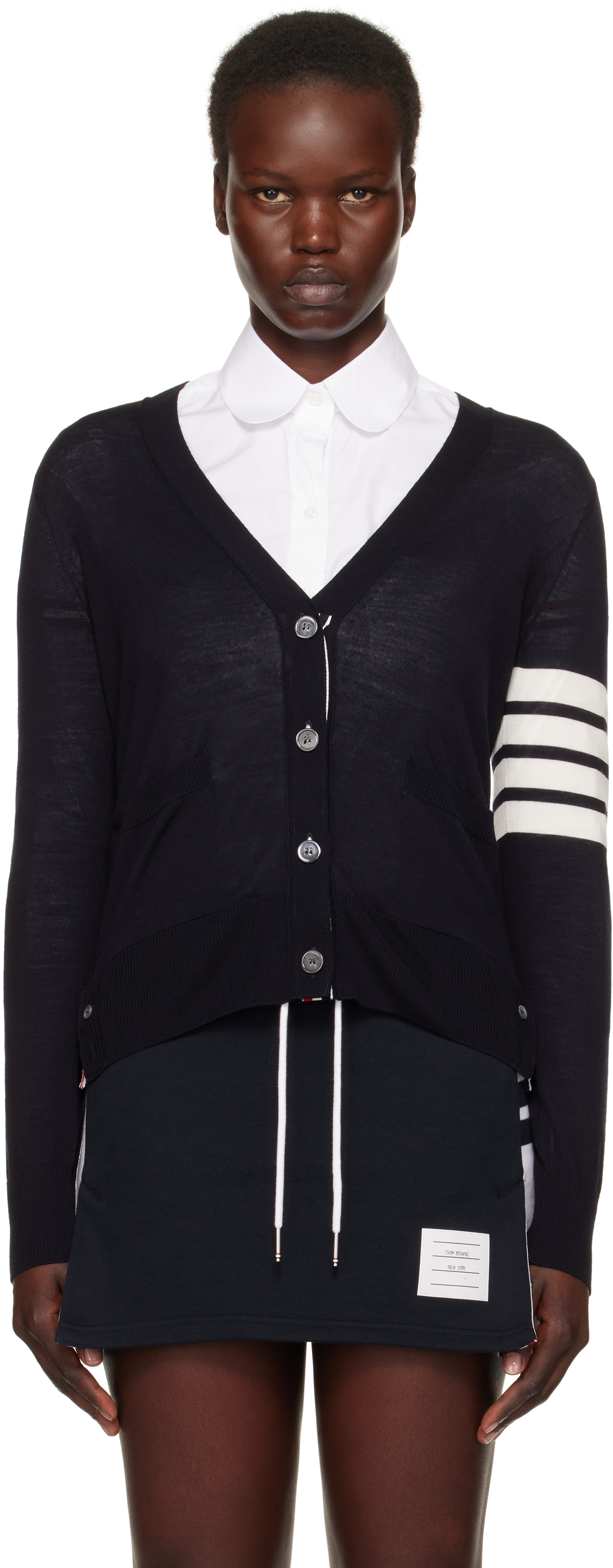 Thom Browne Navy Wool 4-bar Relaxed V-neck Cardigan In 415 Navy
