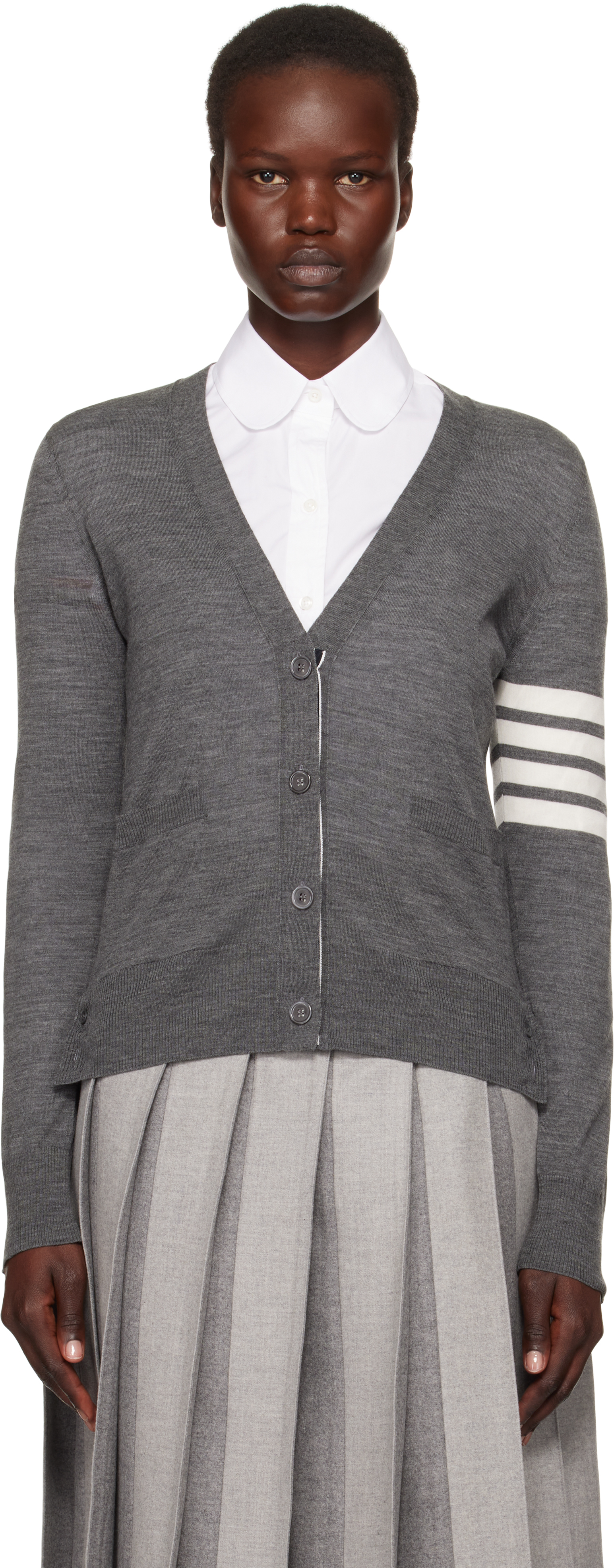 Thom Browne 4-bar Merino Wool Cardigan In 035 Med Grey