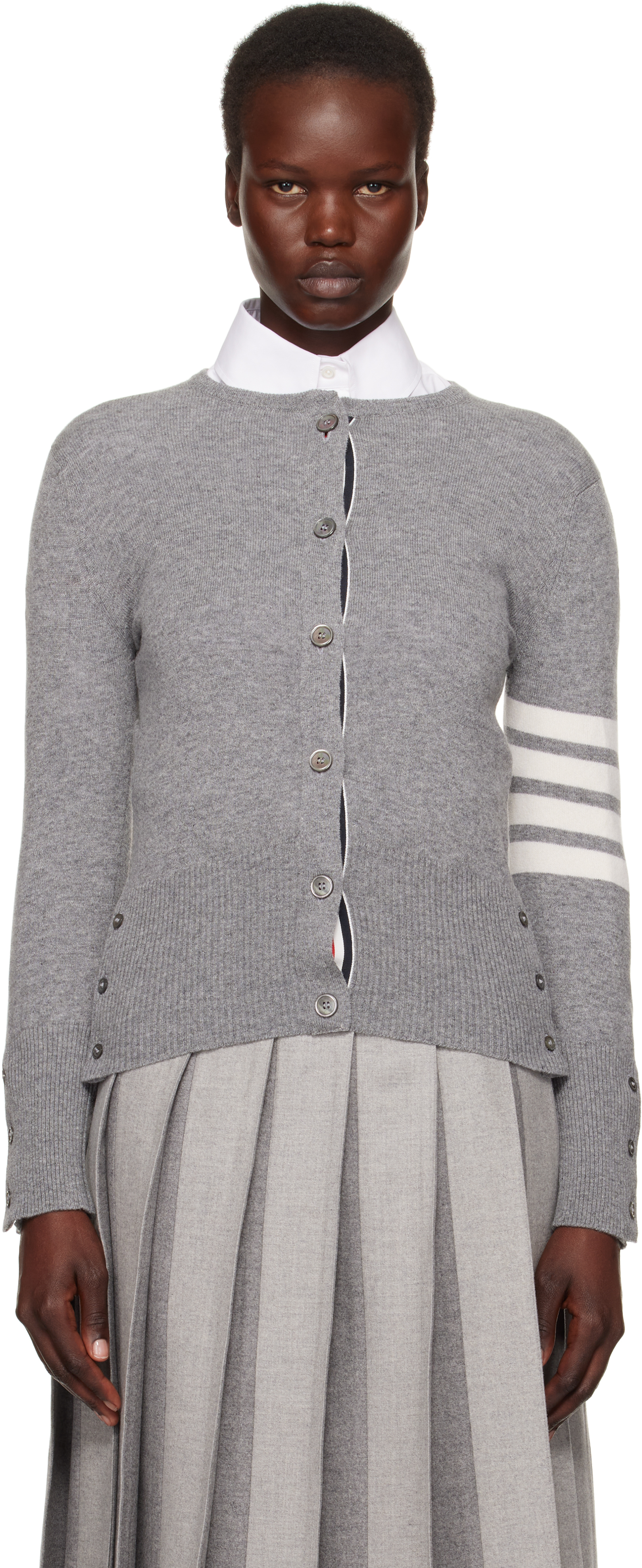 Thom Browne Gray Cashmere 4-bar Classic Crew Neck Cardigan In 055 Lt Grey