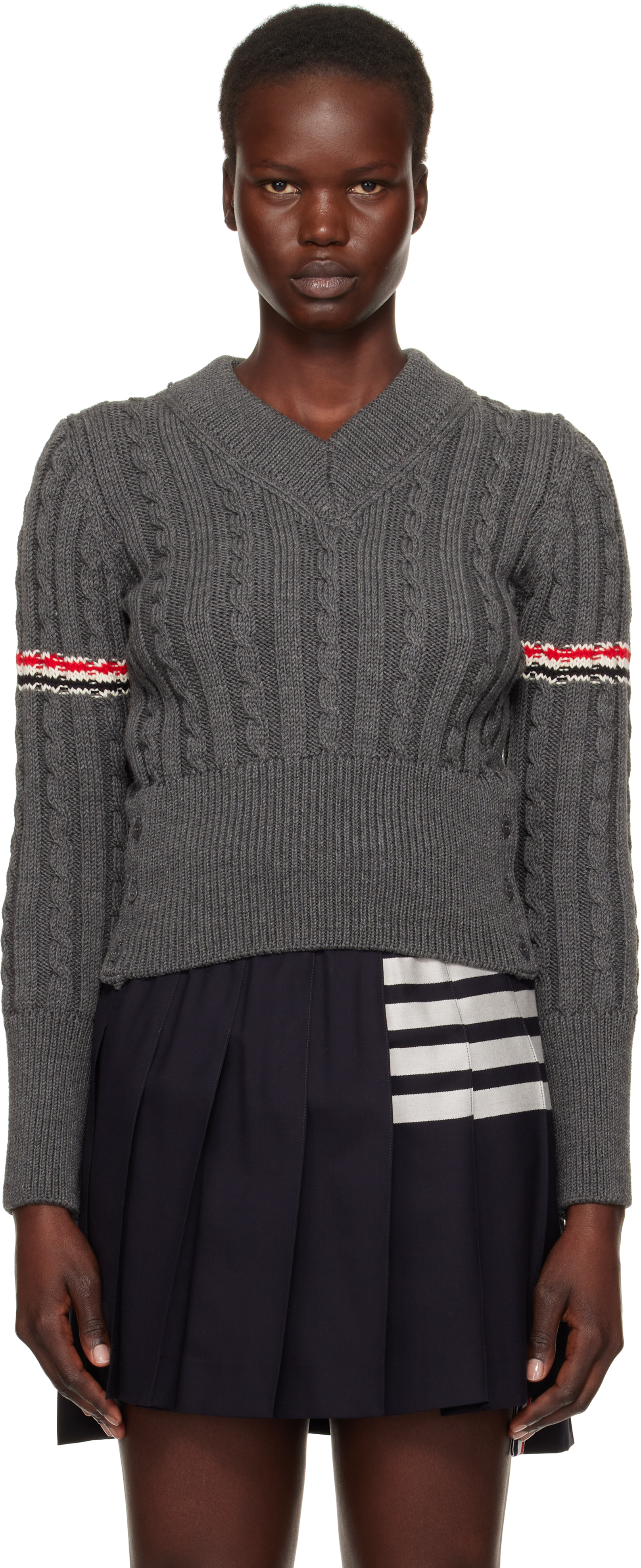 Gray Classic Wool V-Neck Cable Sweater