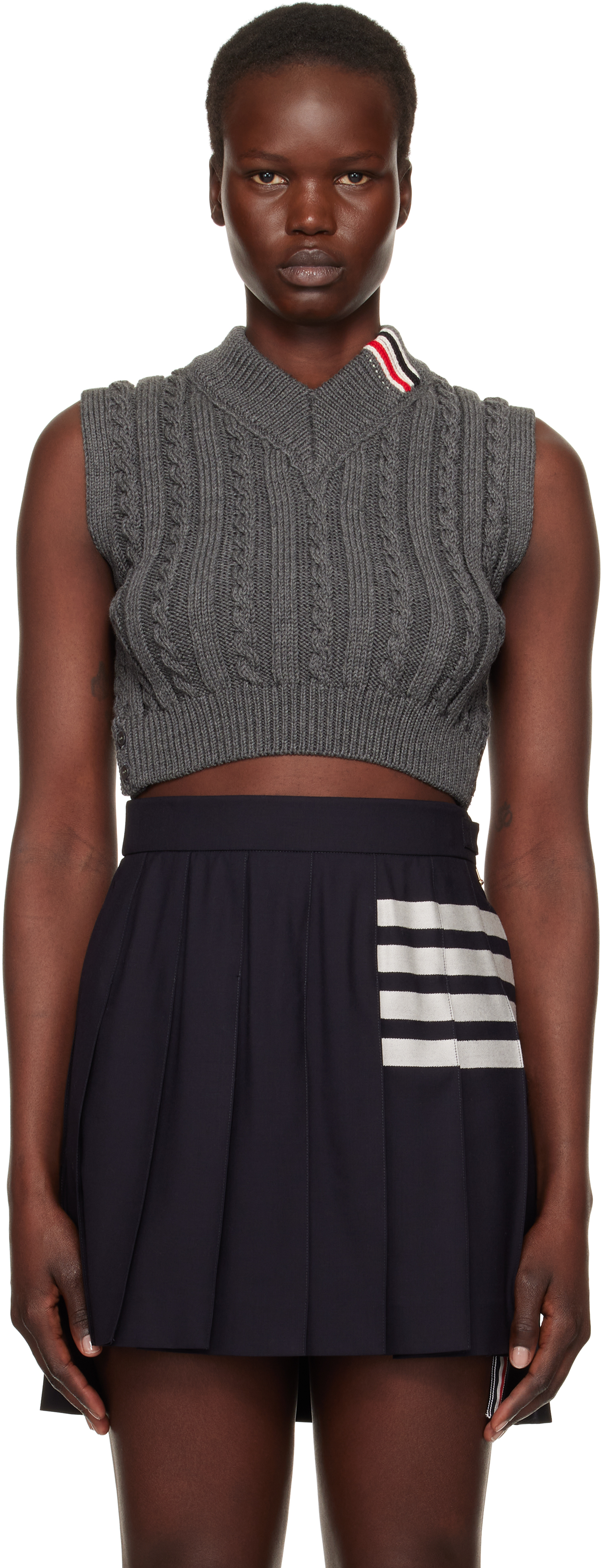 Thom Browne Gray Baby Cable Cropped V-neck Vest In 035 Med Grey
