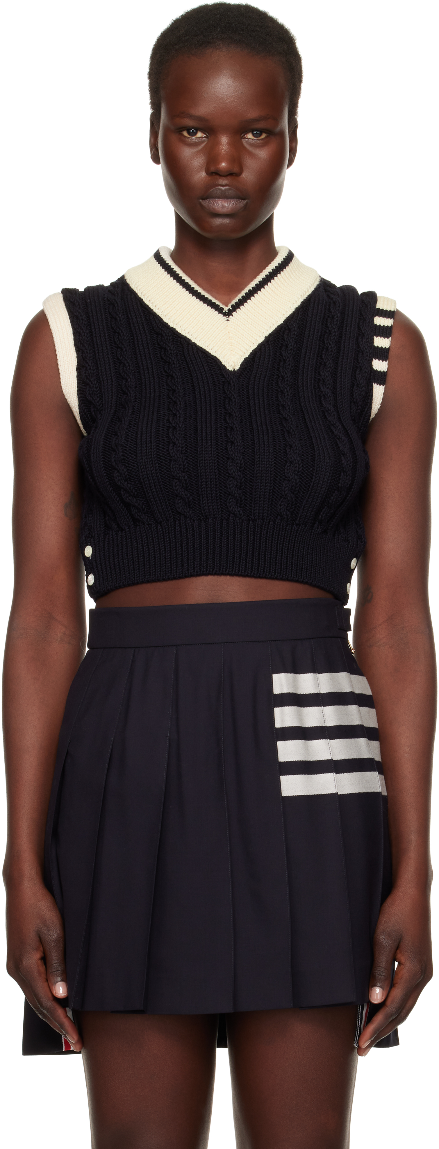 Thom Browne Navy Classic Baby Cable Stitch Cropped Vest In 415 Navy