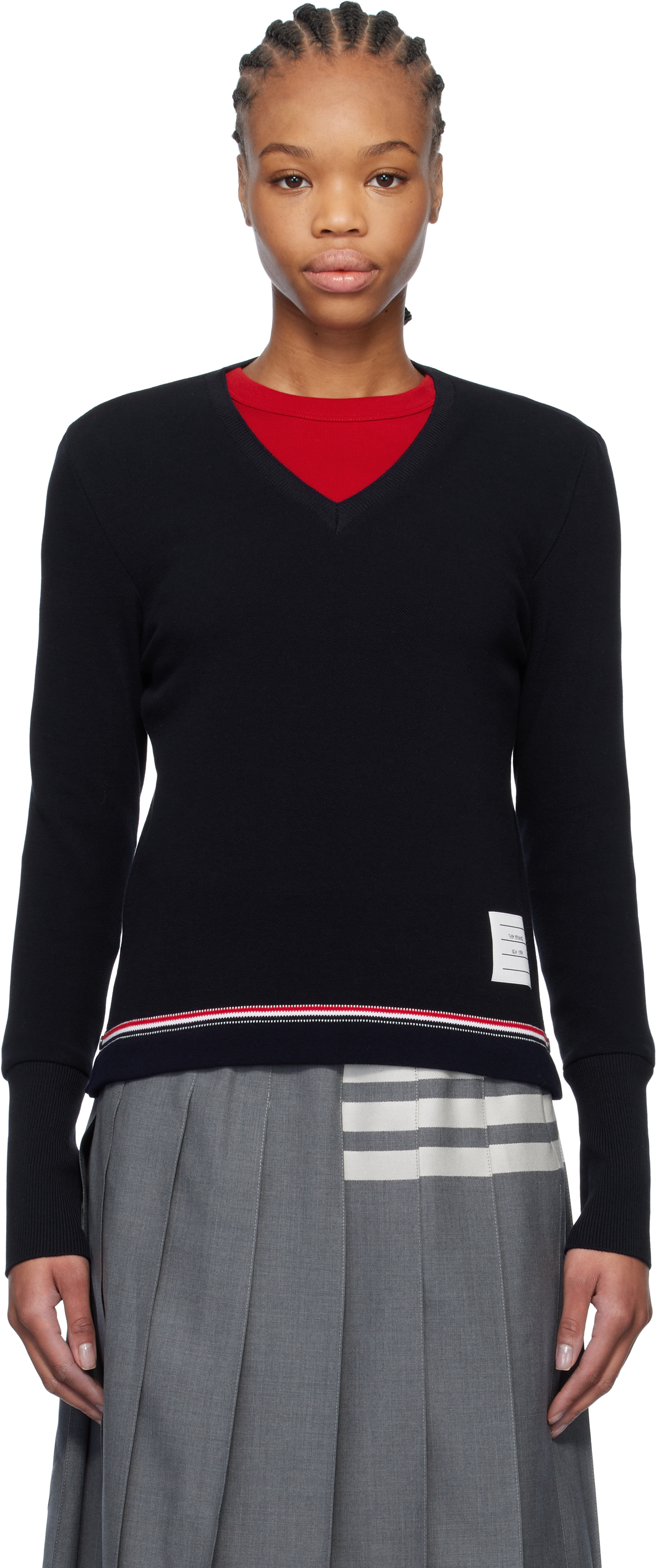 Navy Cotton Pique V-Neck Sweater