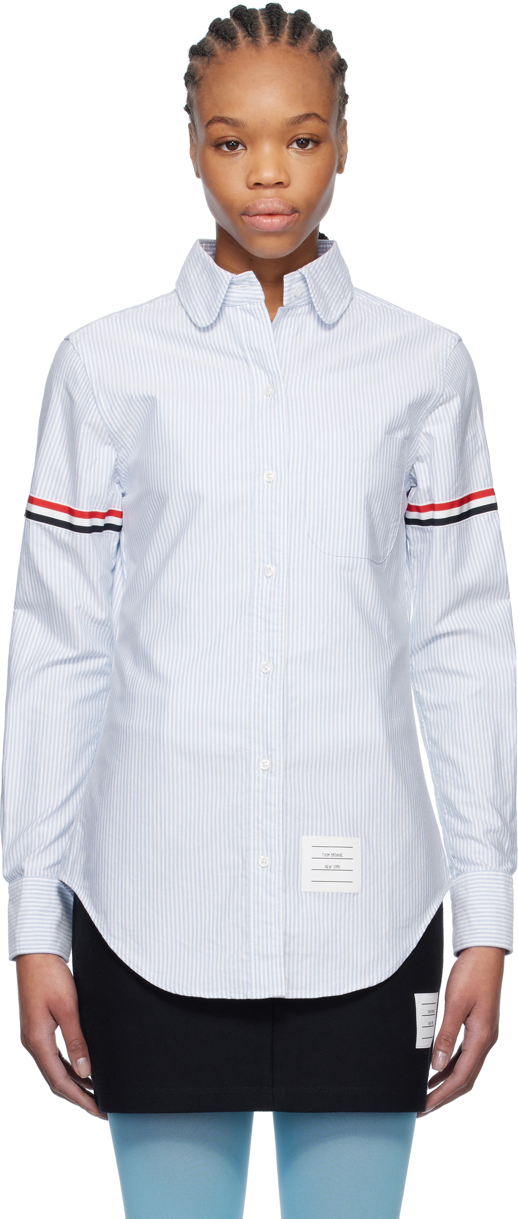 Blue 
White Stripe Oxford Armband Round Collar Shirt