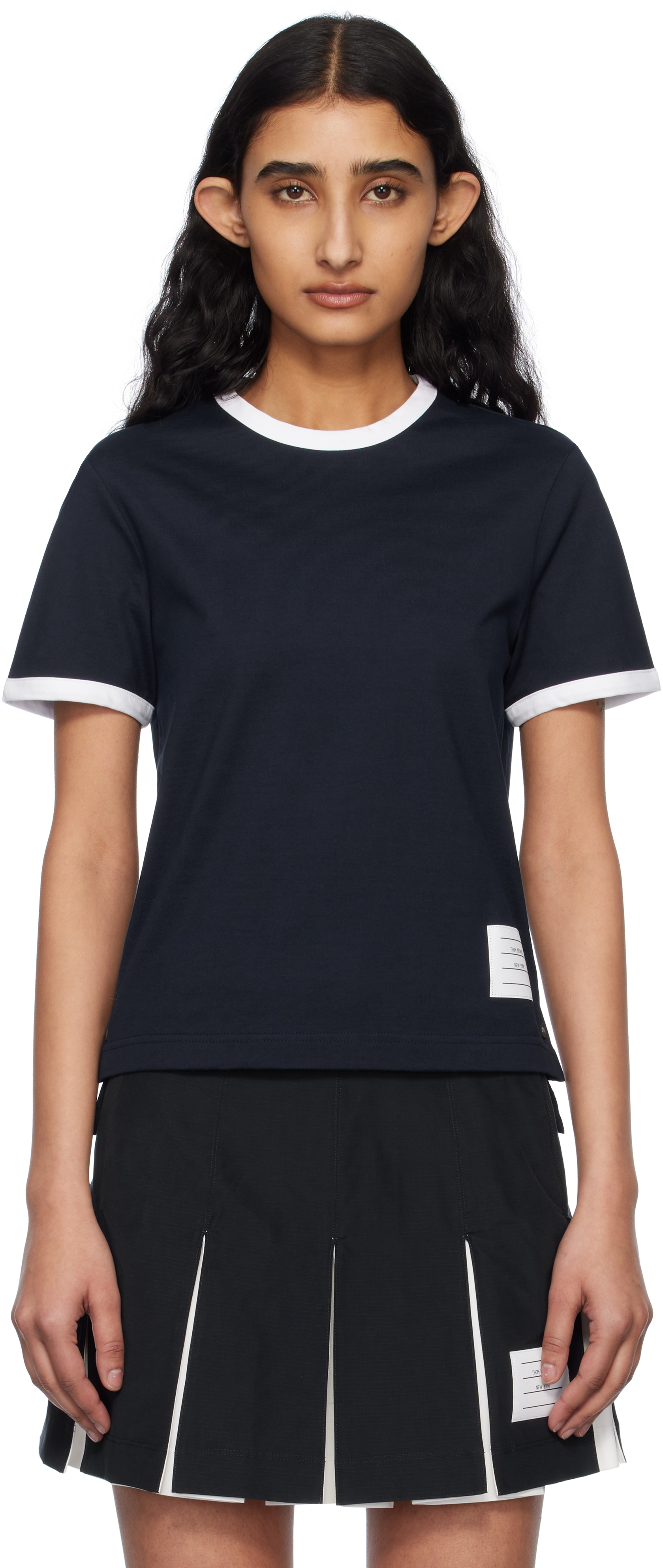 ★THOM BROWNE★RWB Stripe Jersey T-Shirt Navy MJS252AJ013841 Thom Browne: Navy RWB-Stripe Logo-Patch T-shirt | SSENSE
