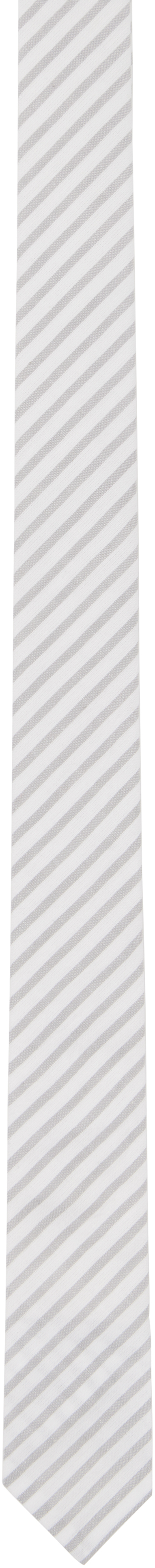 Thom Browne｜ (CLASSIC TIE IN WIDE UNI STRIPE MADRAS COT White & Gray Wide Uni Stripe Madras Cotton Tie by Thom