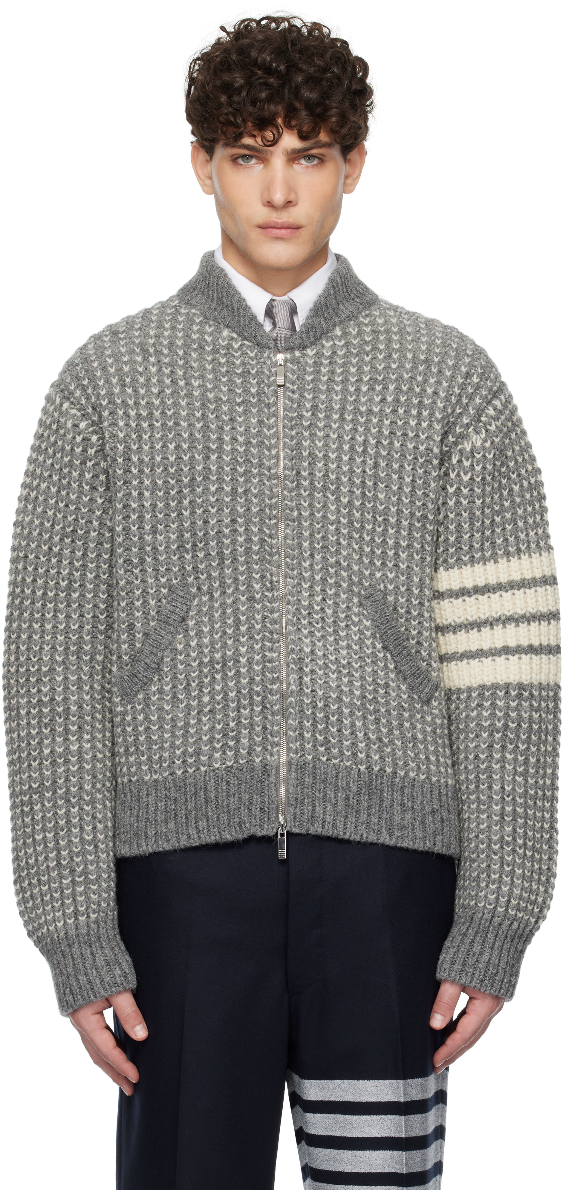 Thom Browne Gray Irish Wool 4-bar Bomber Jacket In 035 Med Grey
