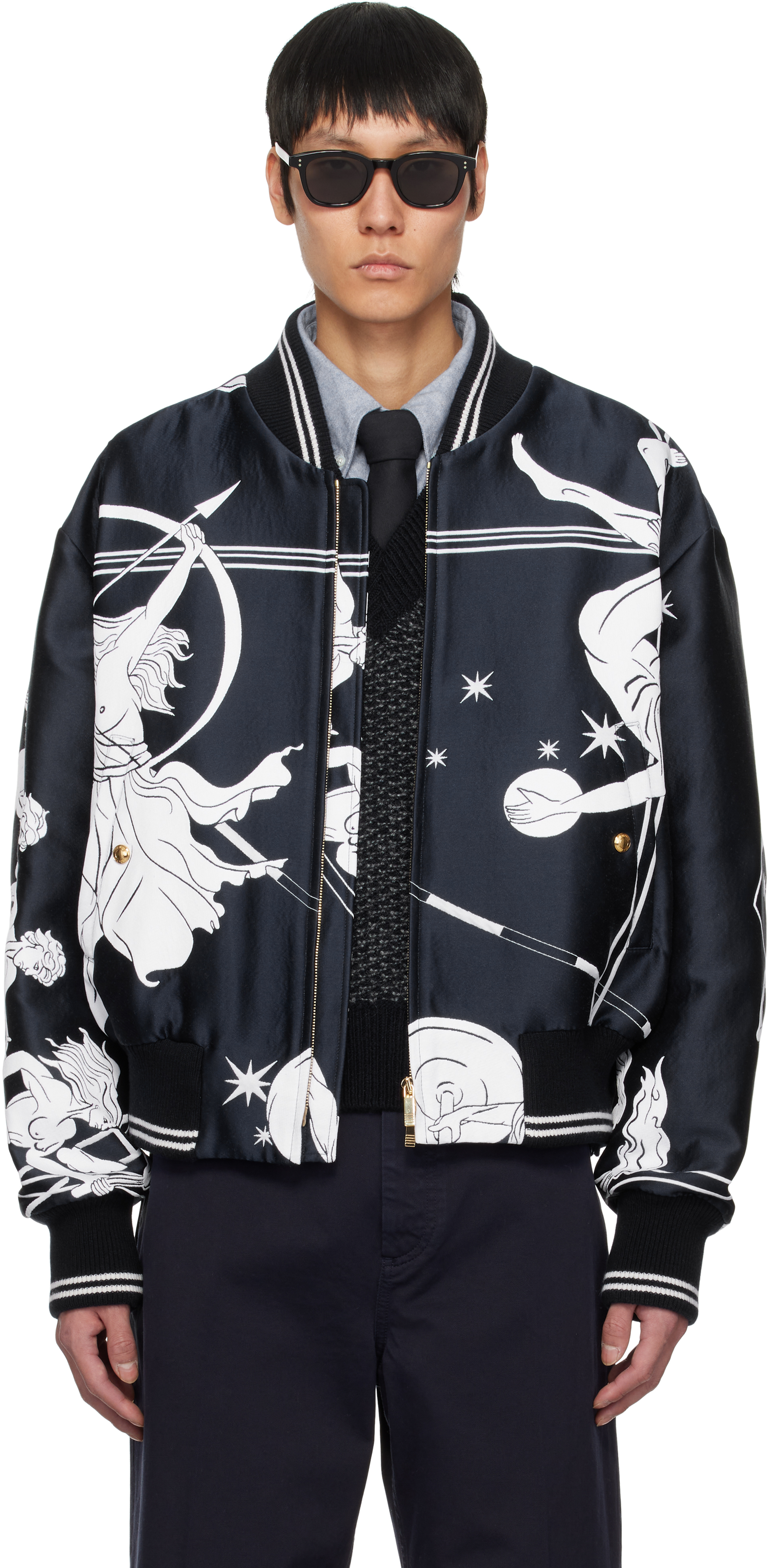 Navy Oversized Olympic Constellation Bomber Jacket