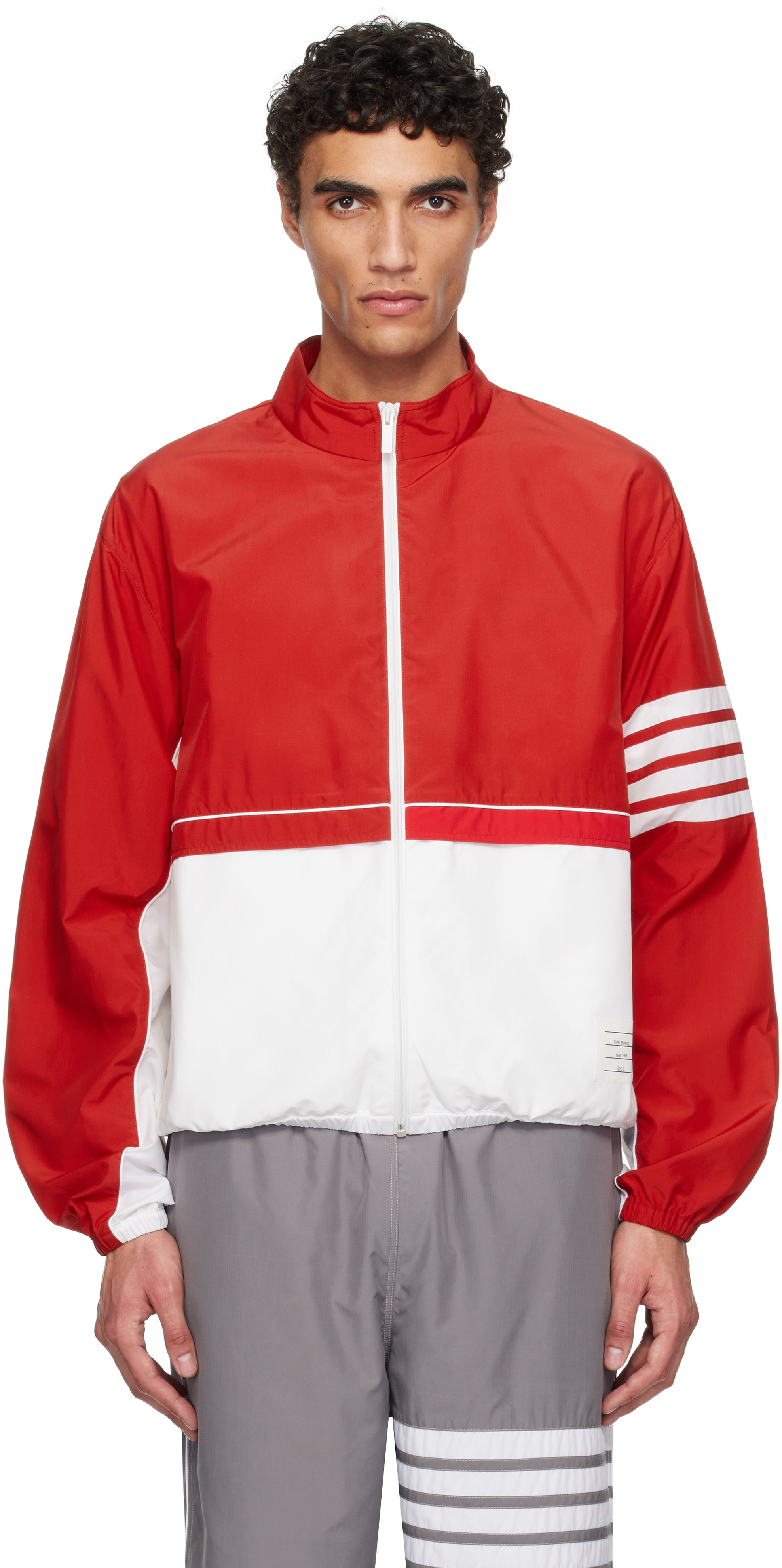 Red & White Ripstop 4-Bar Color Block Windbreaker Jacket by