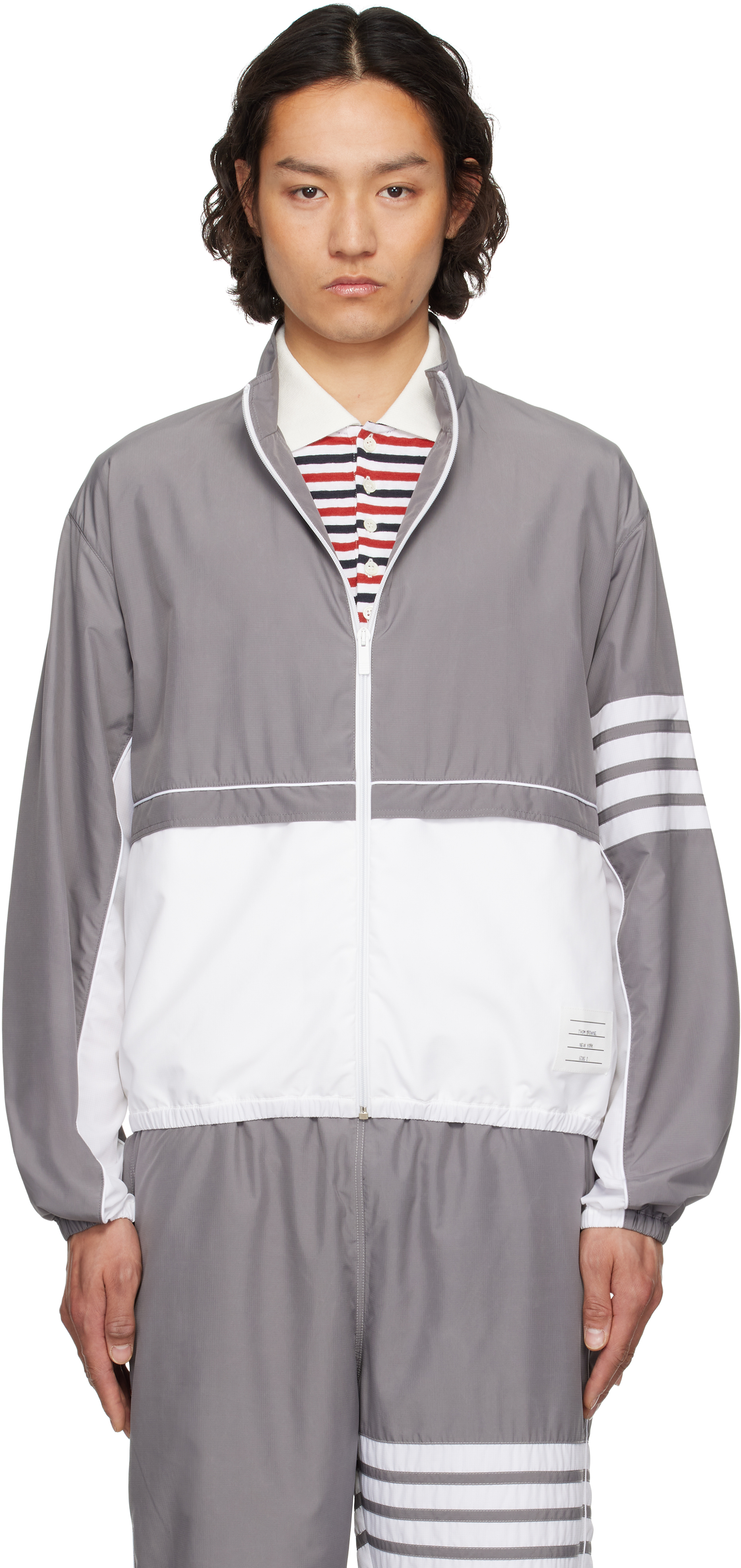 THOM BROWNE GRAY & WHITE RIPSTOP 4-BAR COLOR BLOCK WINDBREAKER JACKET