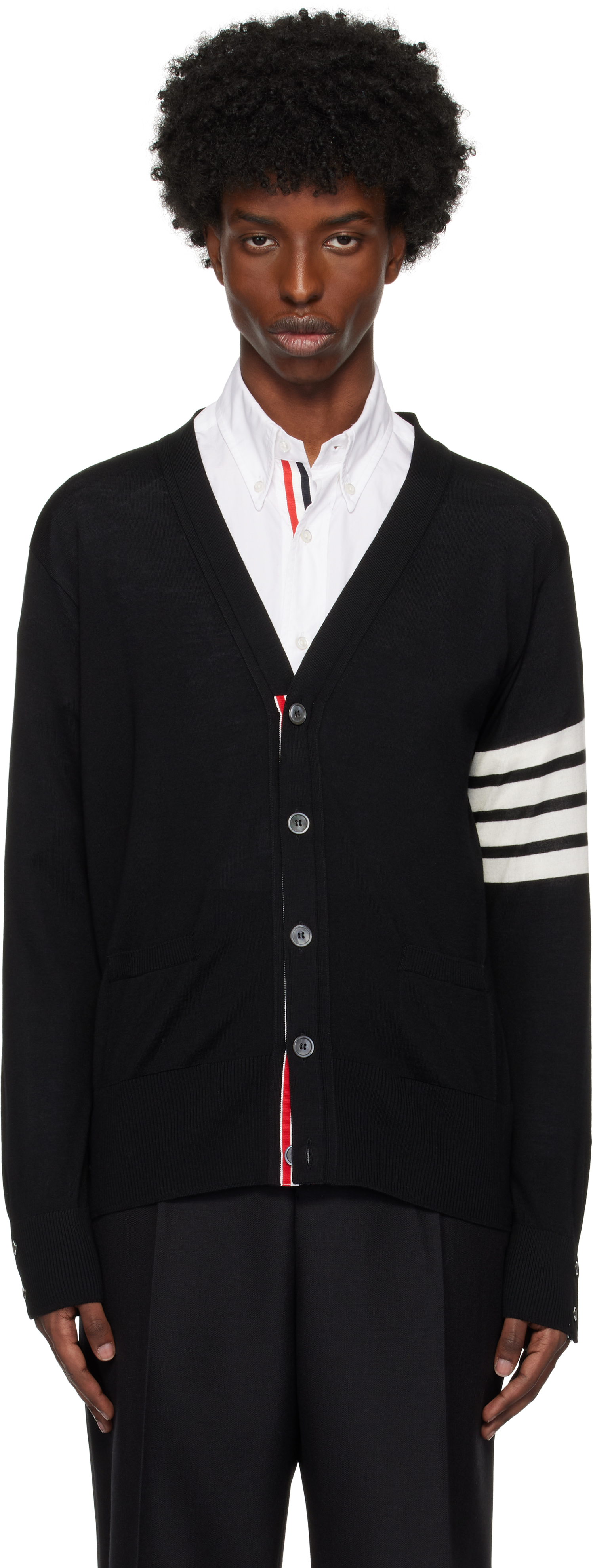 Shop Thom Browne Black Fine Merino Wool V-neck 4-bar Cardigan In 001 Black