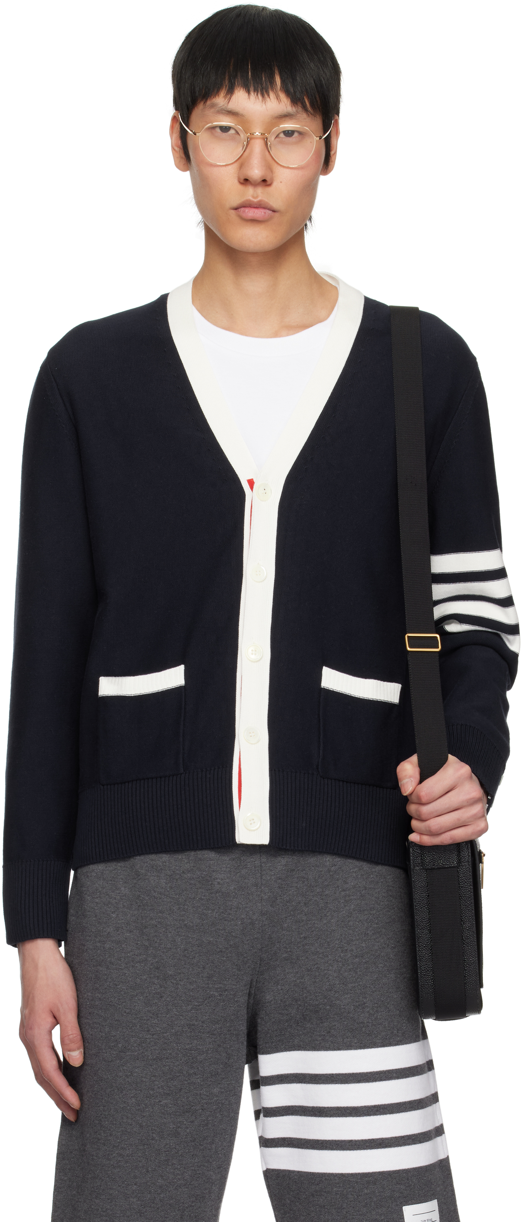 Shop Thom Browne Navy Cotton 4-bar Relaxed Fit Hector V Neck Cardigan In 415 Navy