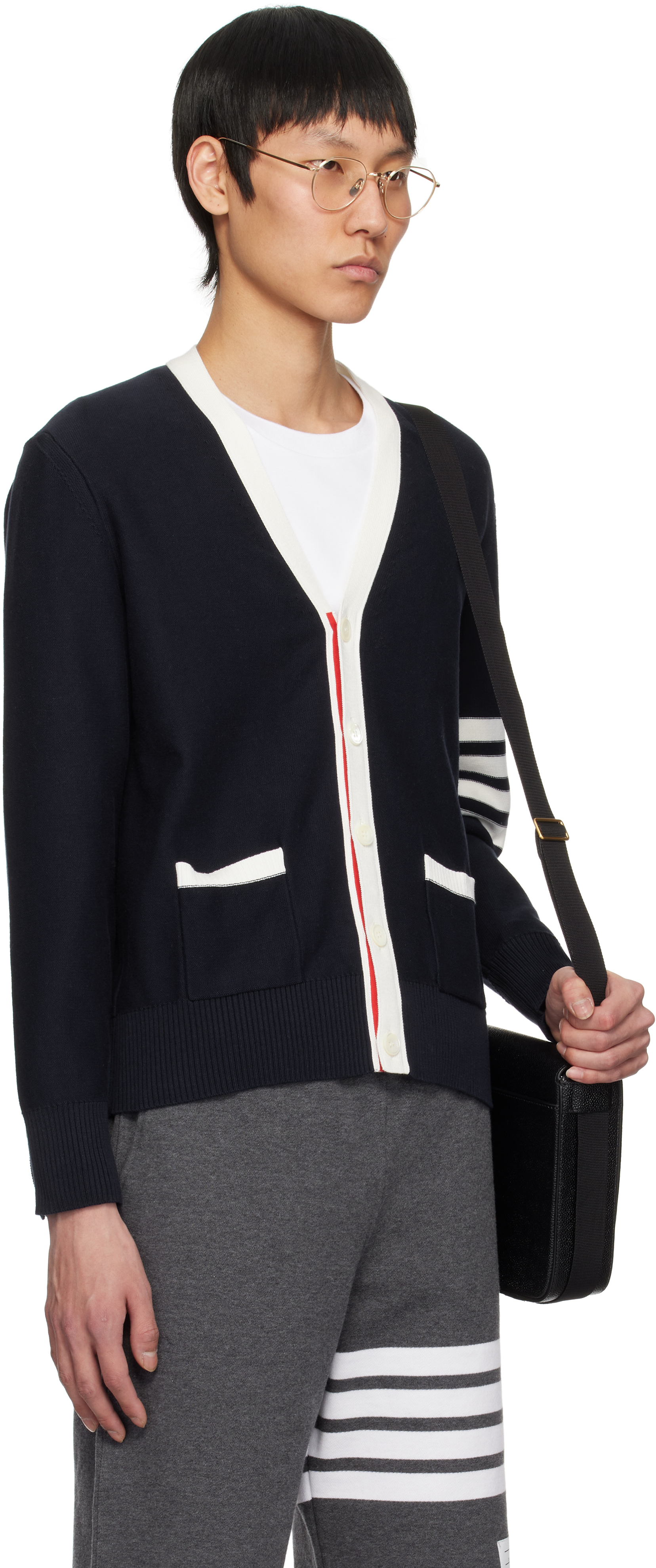 Shop Thom Browne Navy Cotton 4-bar Relaxed Fit Hector V Neck Cardigan In 415 Navy