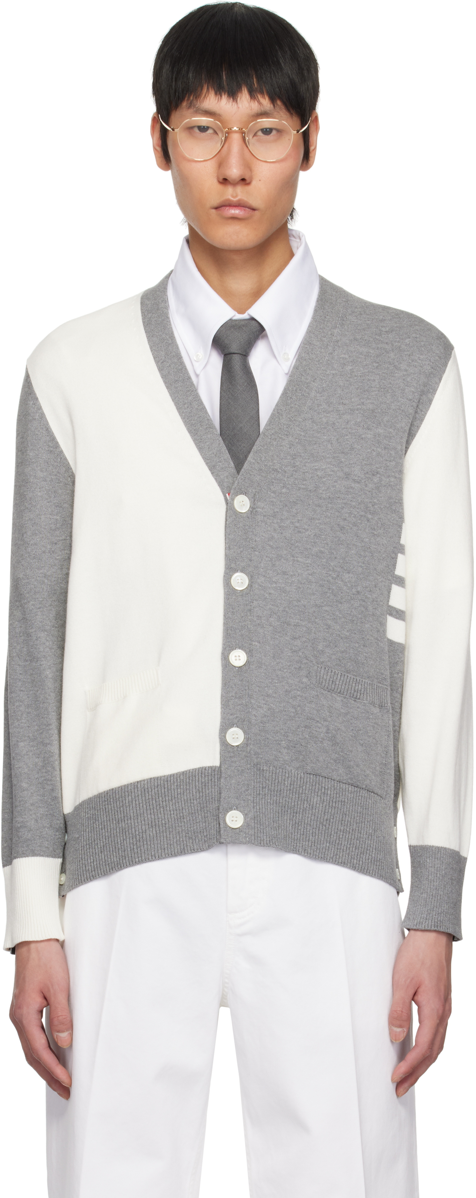 Thom Browne Gray & White Funmix 4-bar Relaxed Fit V-neck Cardigan In 136 Lt Grey/white