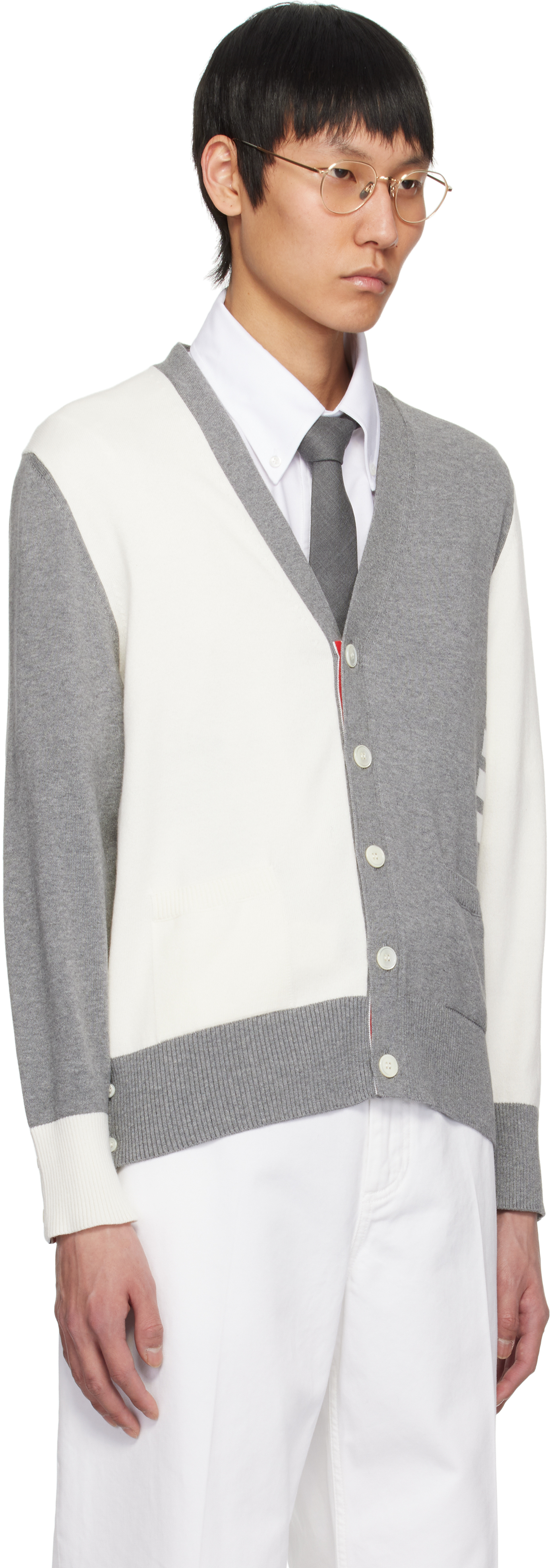 Thom Browne Gray & White Funmix 4-bar Relaxed Fit V-neck Cardigan In 136 Lt Grey/white
