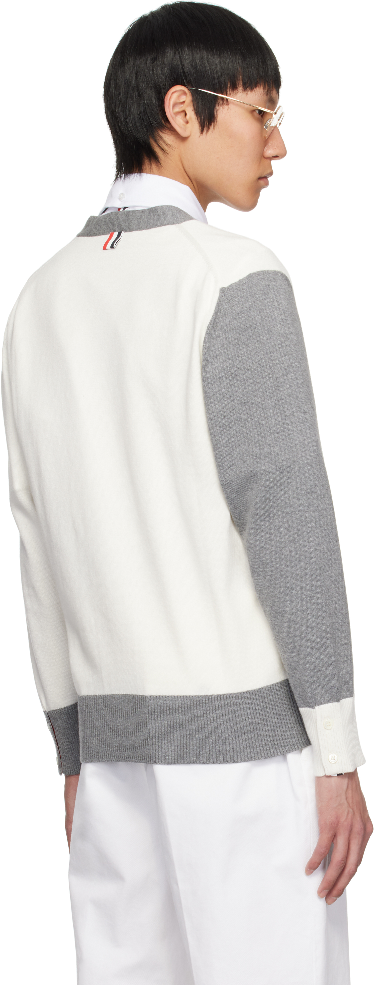 Thom Browne Gray & White Funmix 4-bar Relaxed Fit V-neck Cardigan In 136 Lt Grey/white