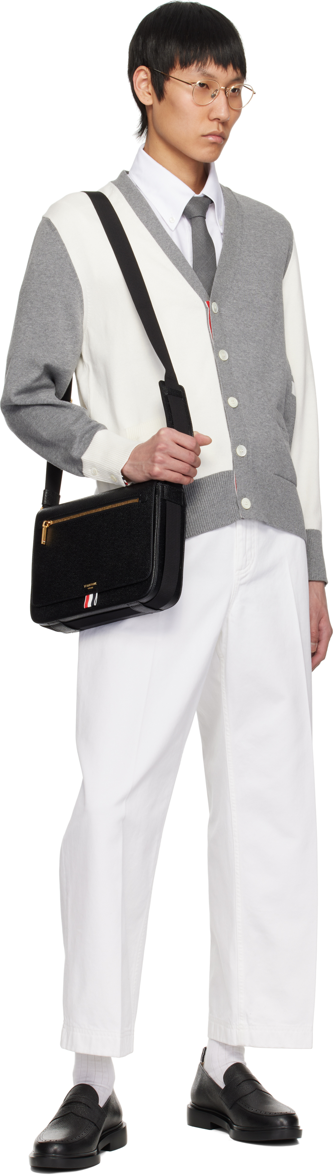 Thom Browne Gray & White Funmix 4-bar Relaxed Fit V-neck Cardigan In 136 Lt Grey/white
