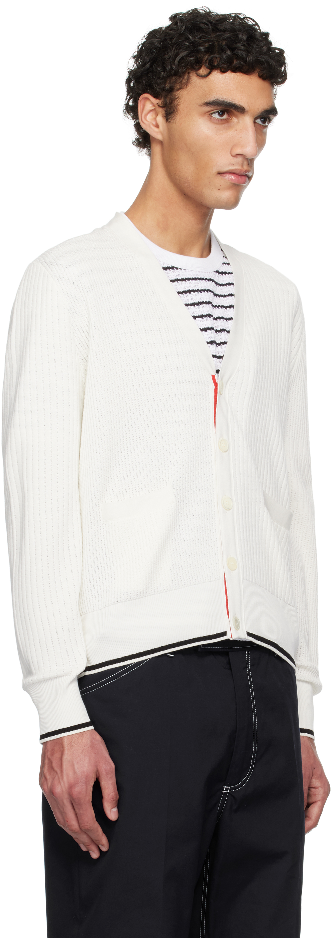 Thom Browne Off-white Half & Half Textured Stitch Relaxed Fit V Neck Cardigan In 100 White
