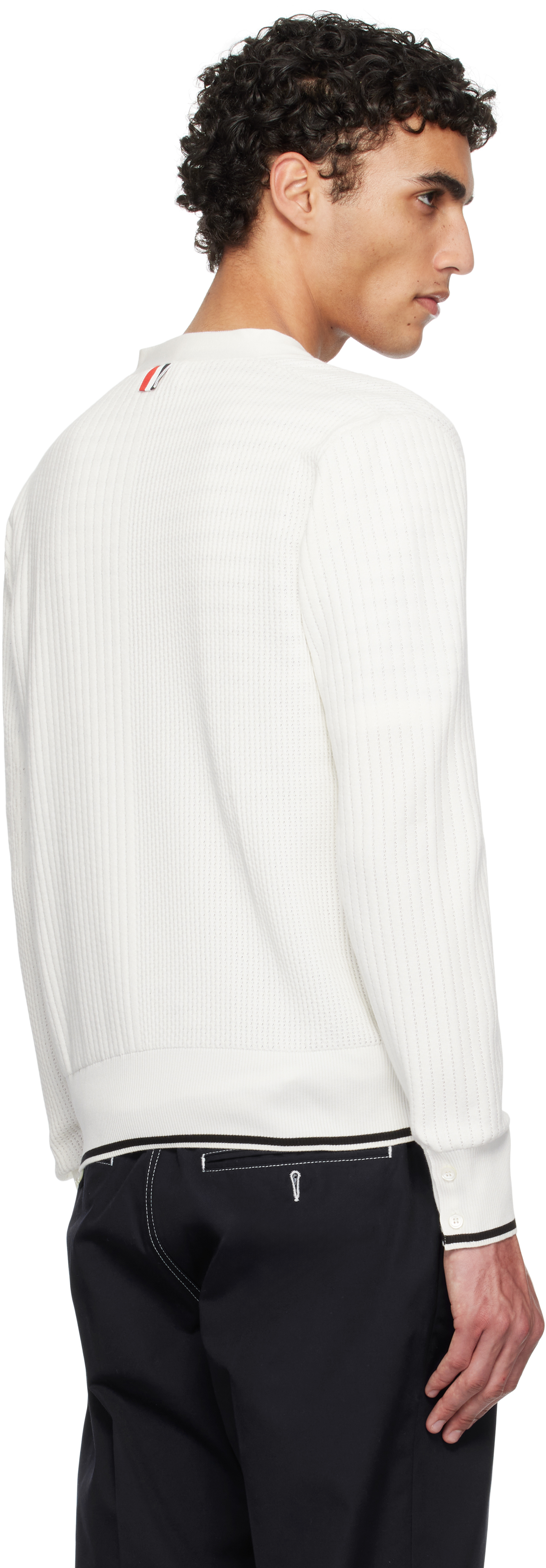 Thom Browne Off-white Half & Half Textured Stitch Relaxed Fit V Neck Cardigan In 100 White