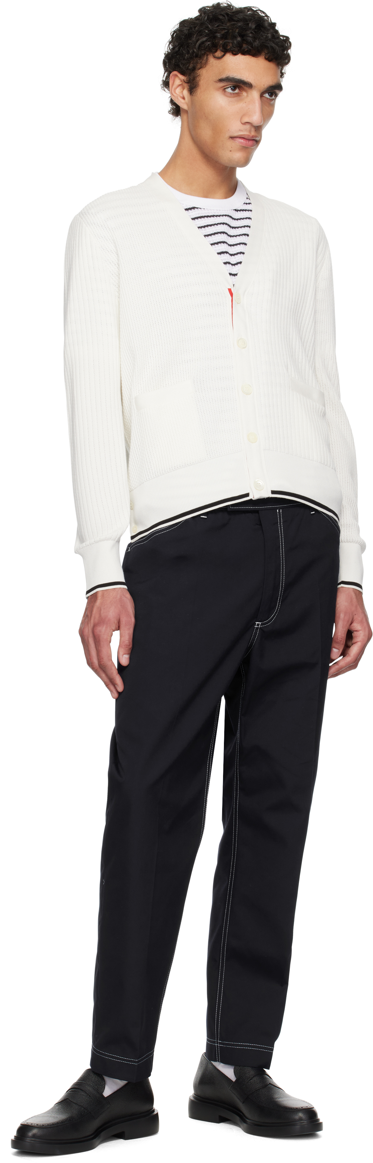 Thom Browne Off-white Half & Half Textured Stitch Relaxed Fit V Neck Cardigan In 100 White