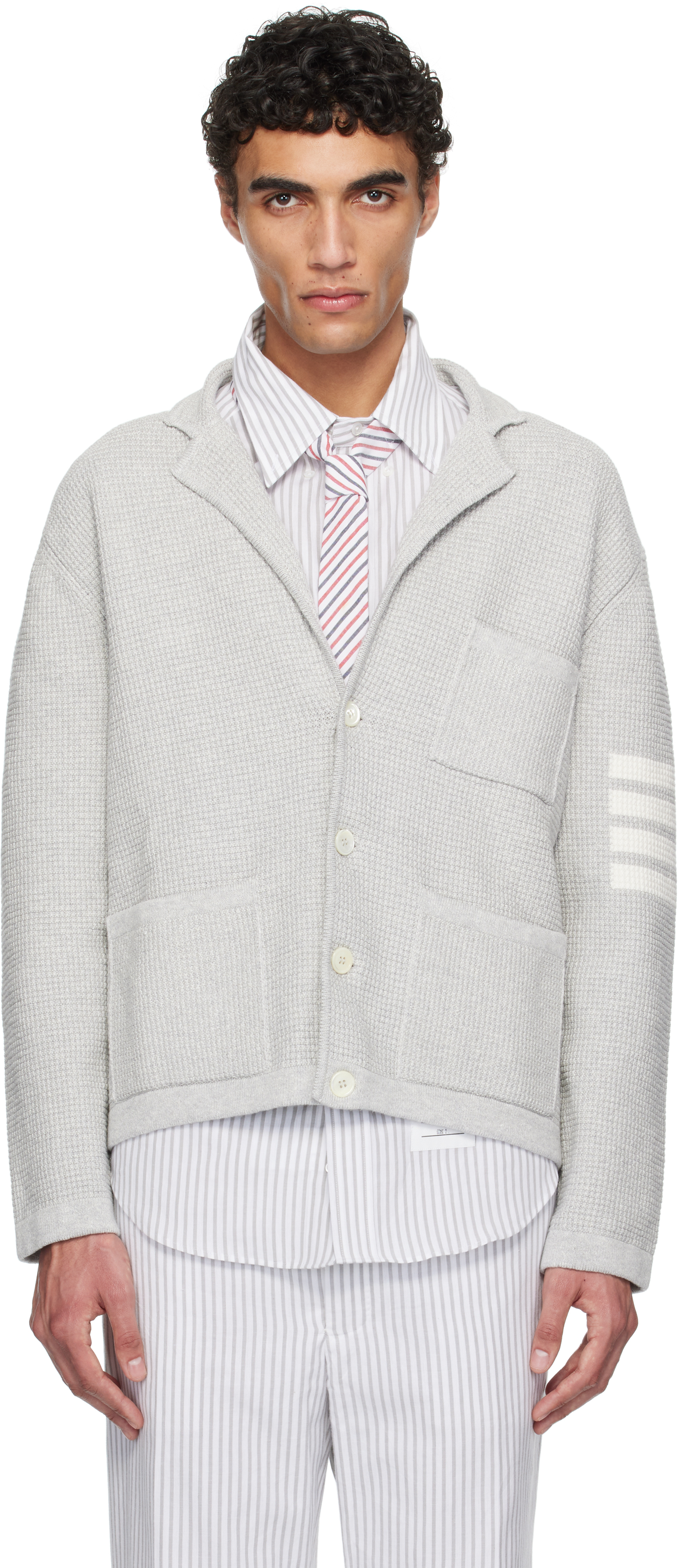 Gray Linen Cotton 4-Bar Cardigan