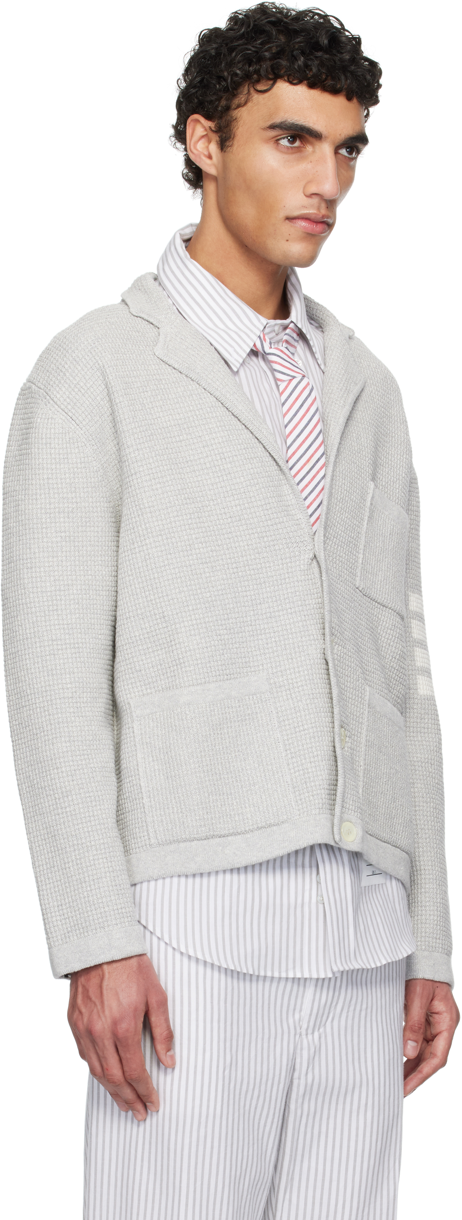 Thom Browne Gray Linen Cotton 4-bar Cardigan In 065 Lt Grey