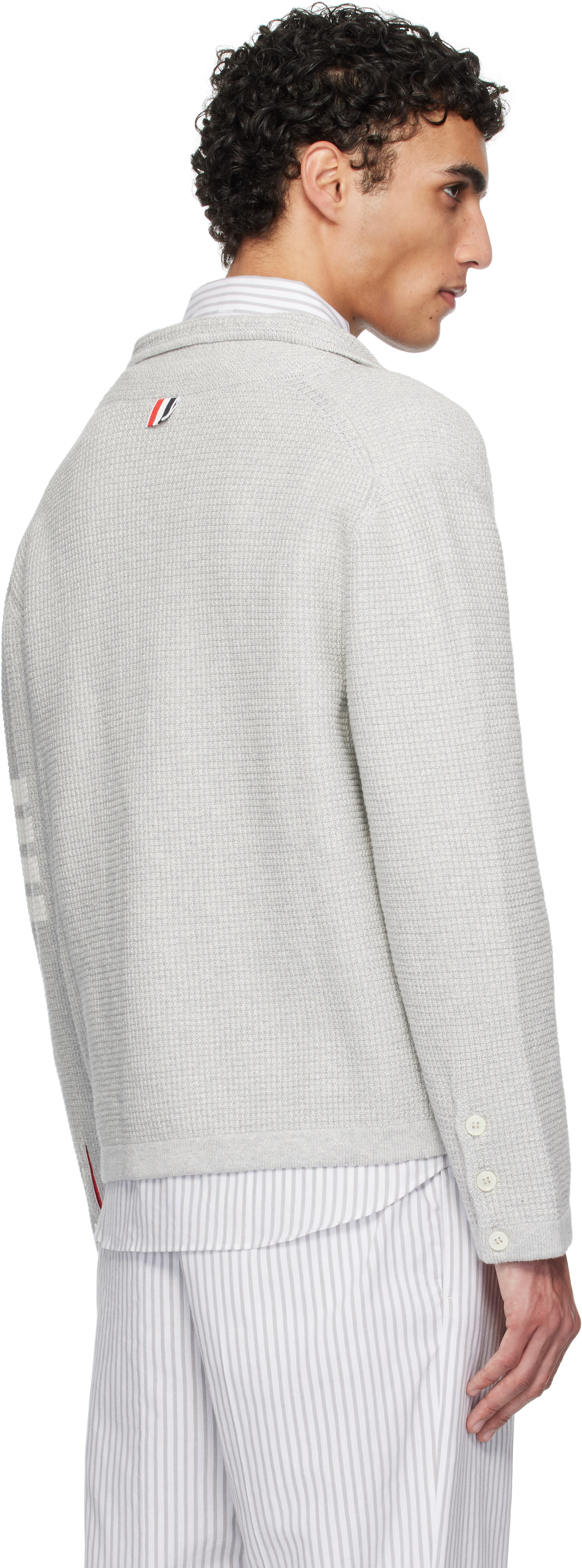Thom Browne Gray Linen Cotton 4-bar Cardigan In 065 Lt Grey