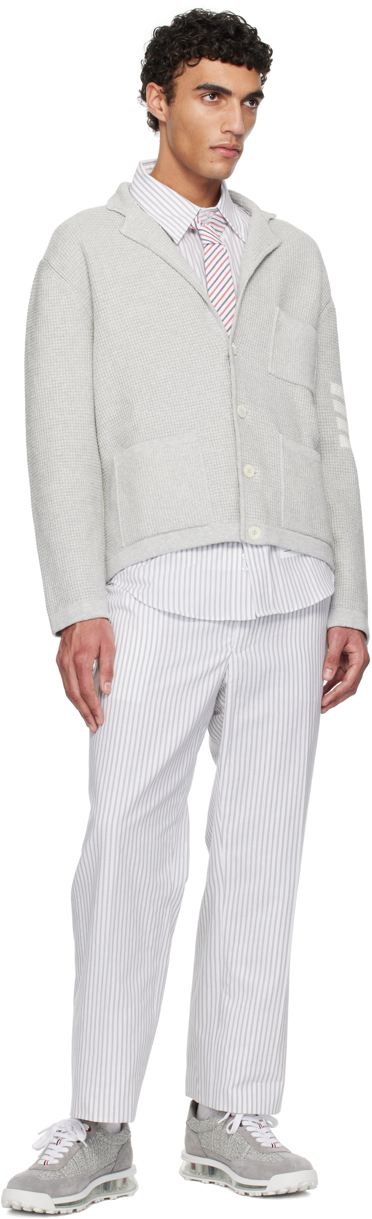 Thom Browne Gray Linen Cotton 4-bar Cardigan In 065 Lt Grey