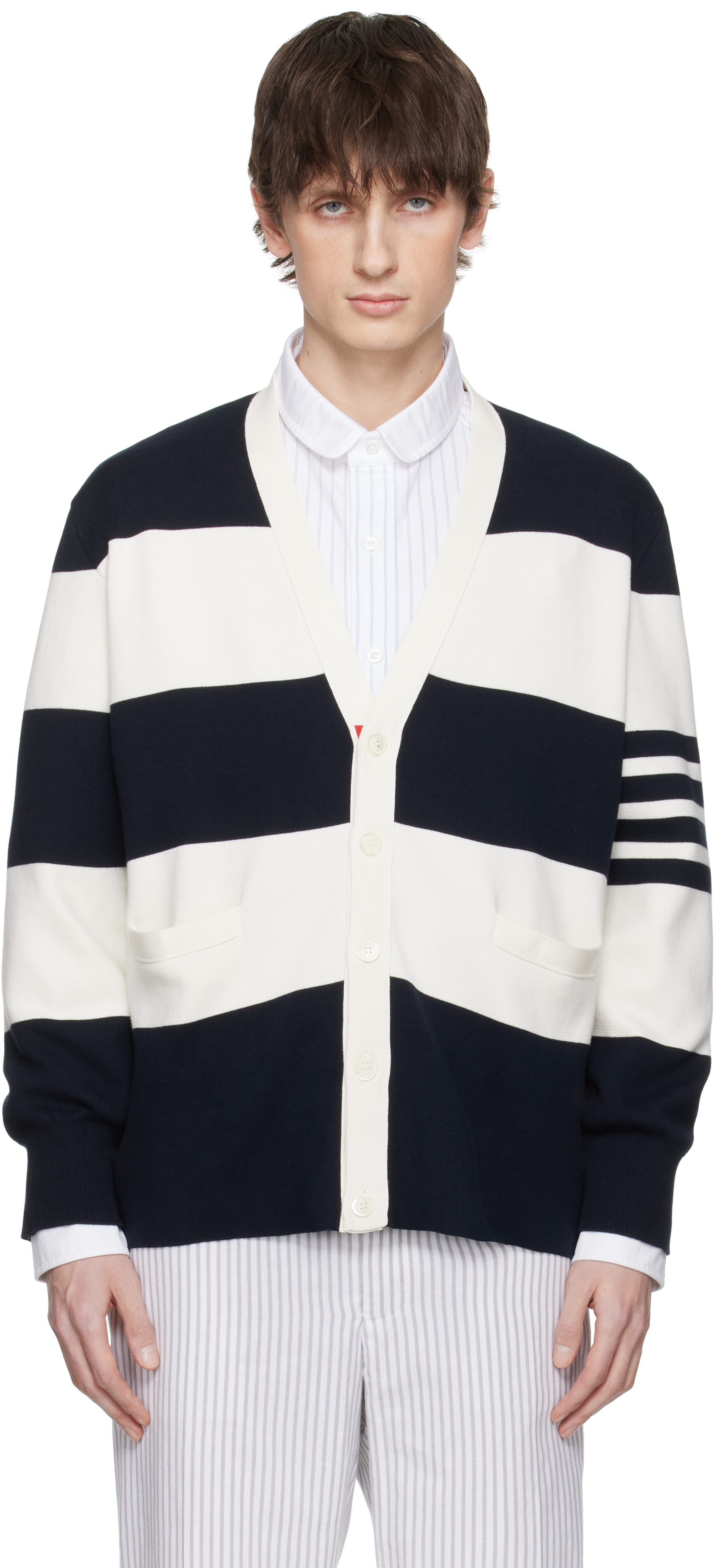 Shop Thom Browne Navy & Off-white Rugby Stripe Milano Stitch Cardigan In 979 Navy/white