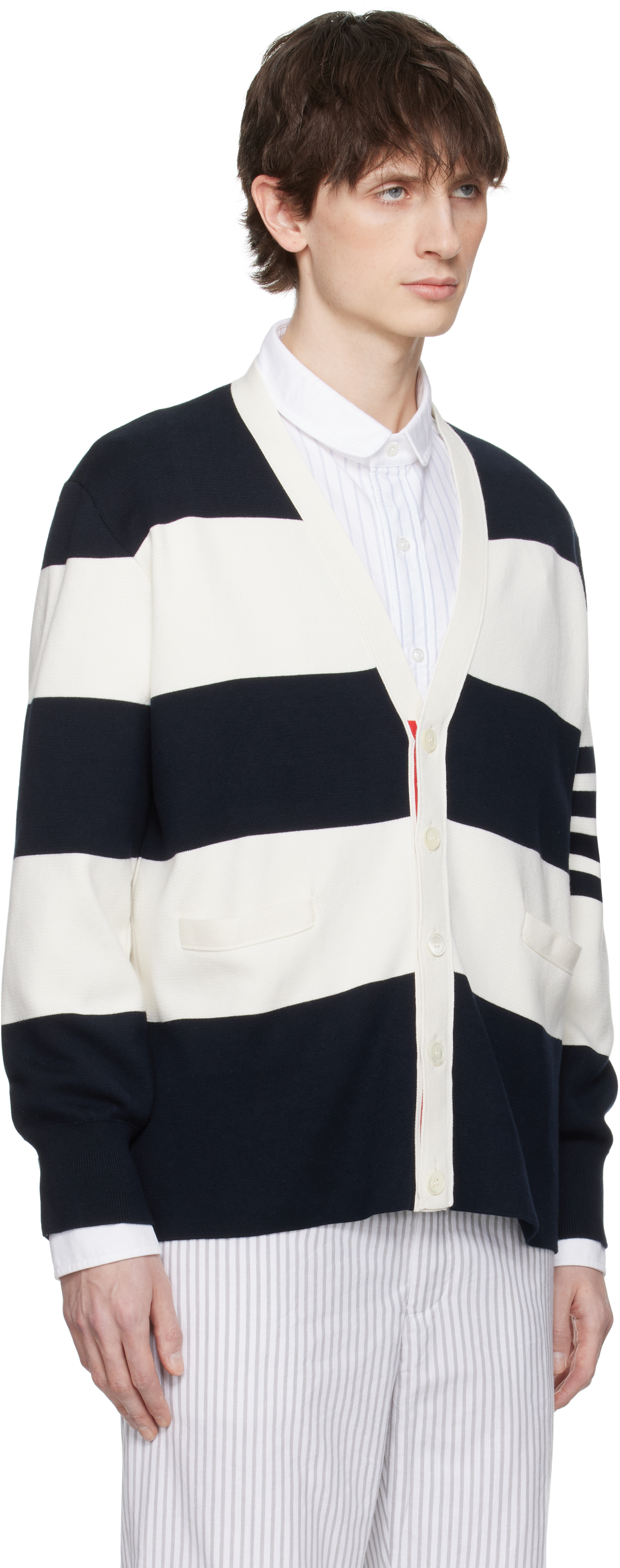 Shop Thom Browne Navy & Off-white Rugby Stripe Milano Stitch Cardigan In 979 Navy/white
