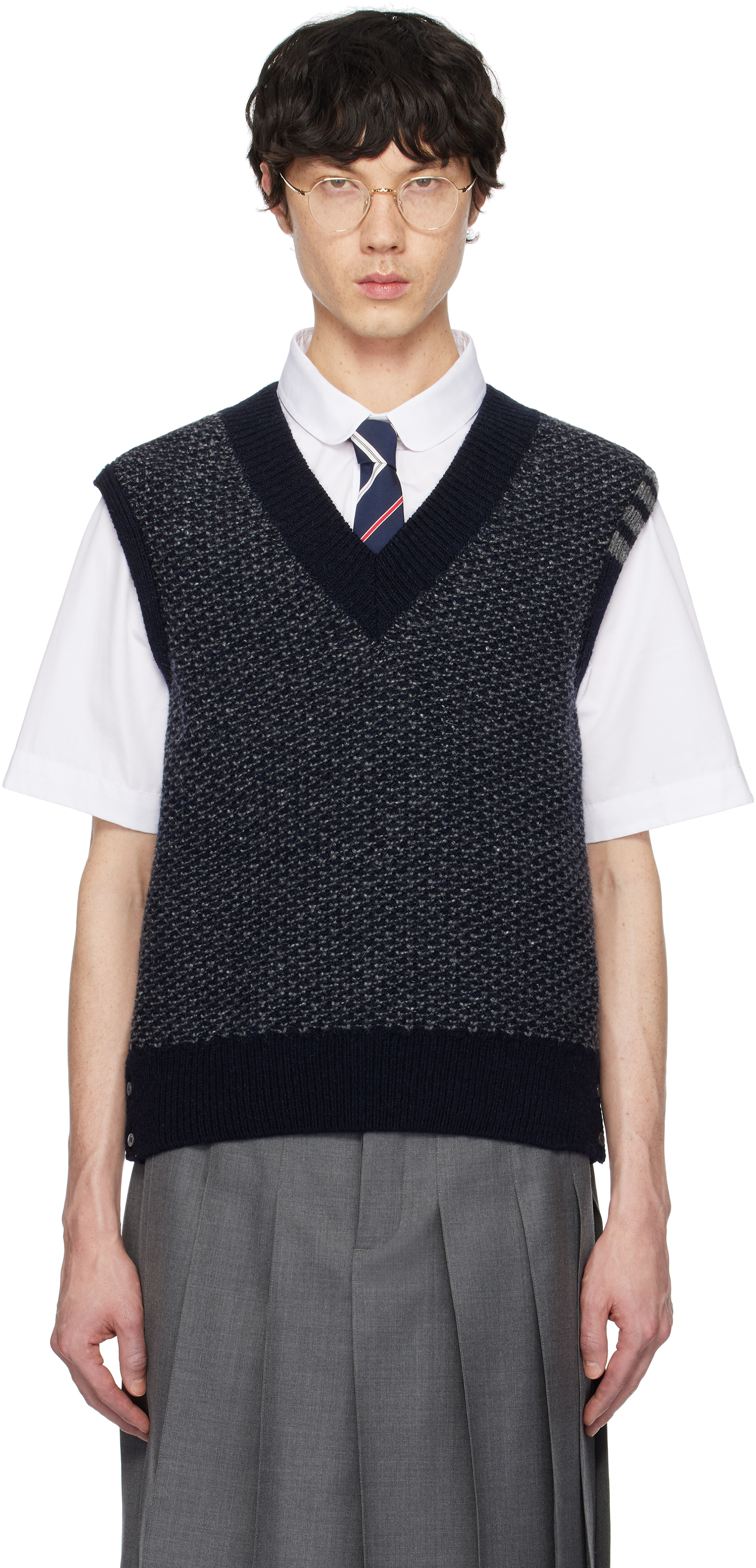 Navy Mohair Tweed 4-Bar V Neck Vest