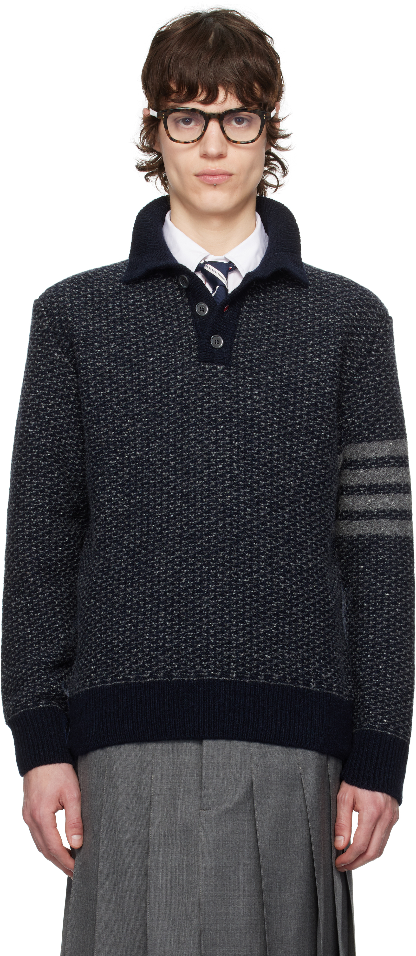 Navy Tweed 4-Bar Stripe Polo