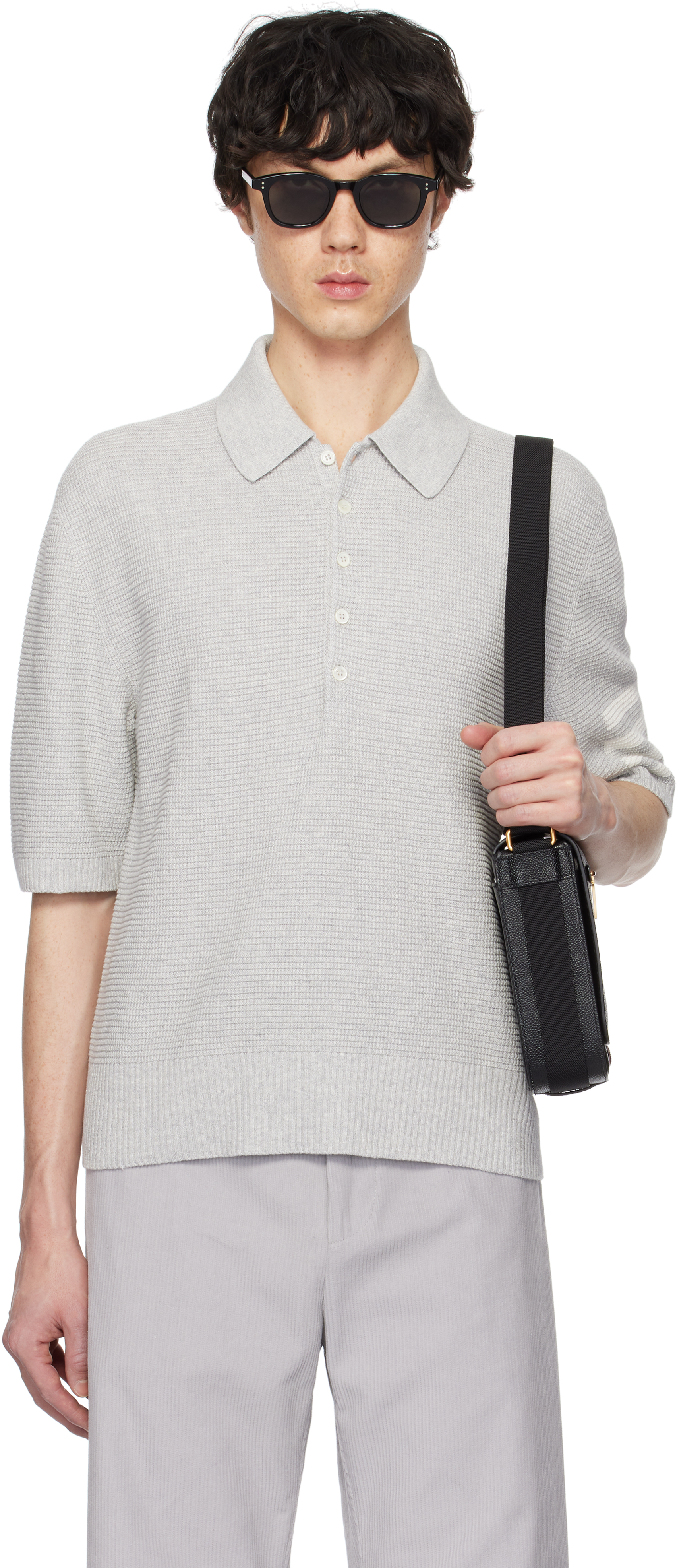 Gray Linen Cotton 4-Bar Relaxed Fit Polo