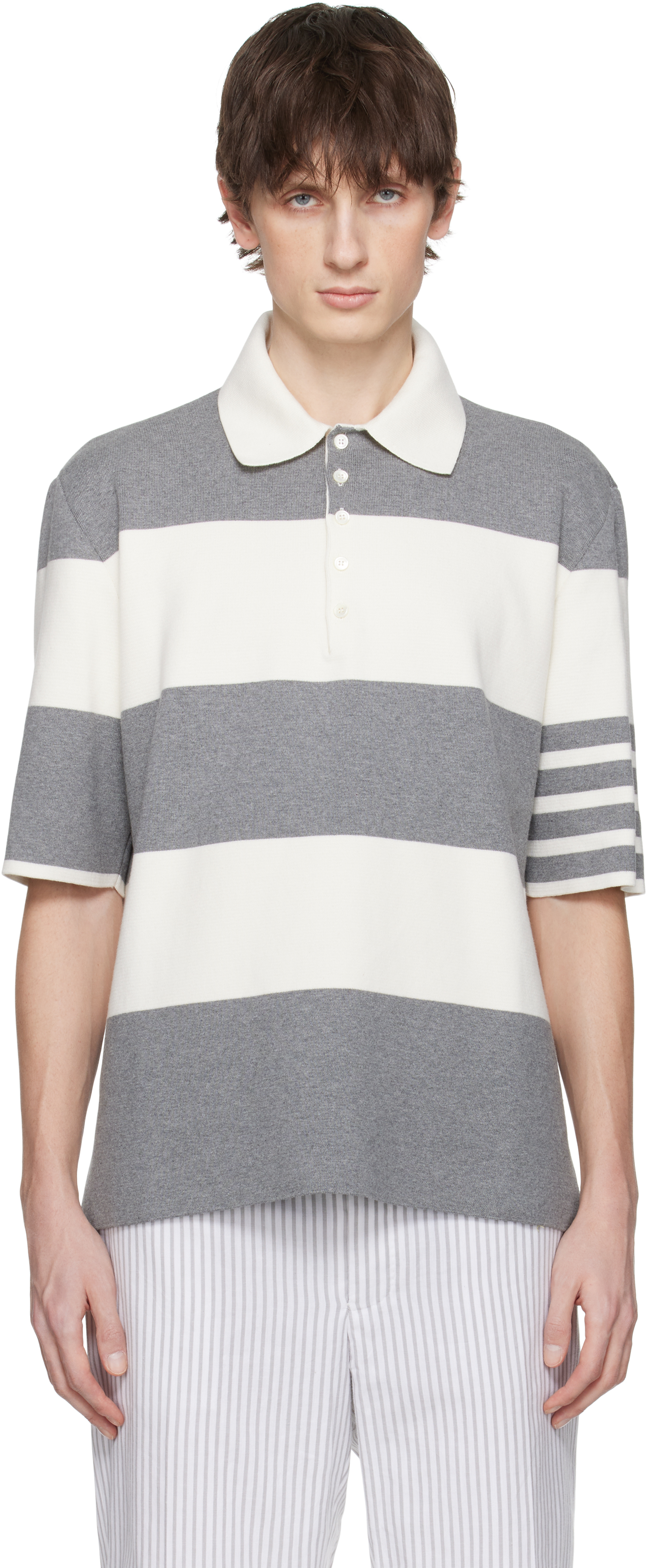 Gray & Off-White Rugby Stripe Milano Stitch SS Polo