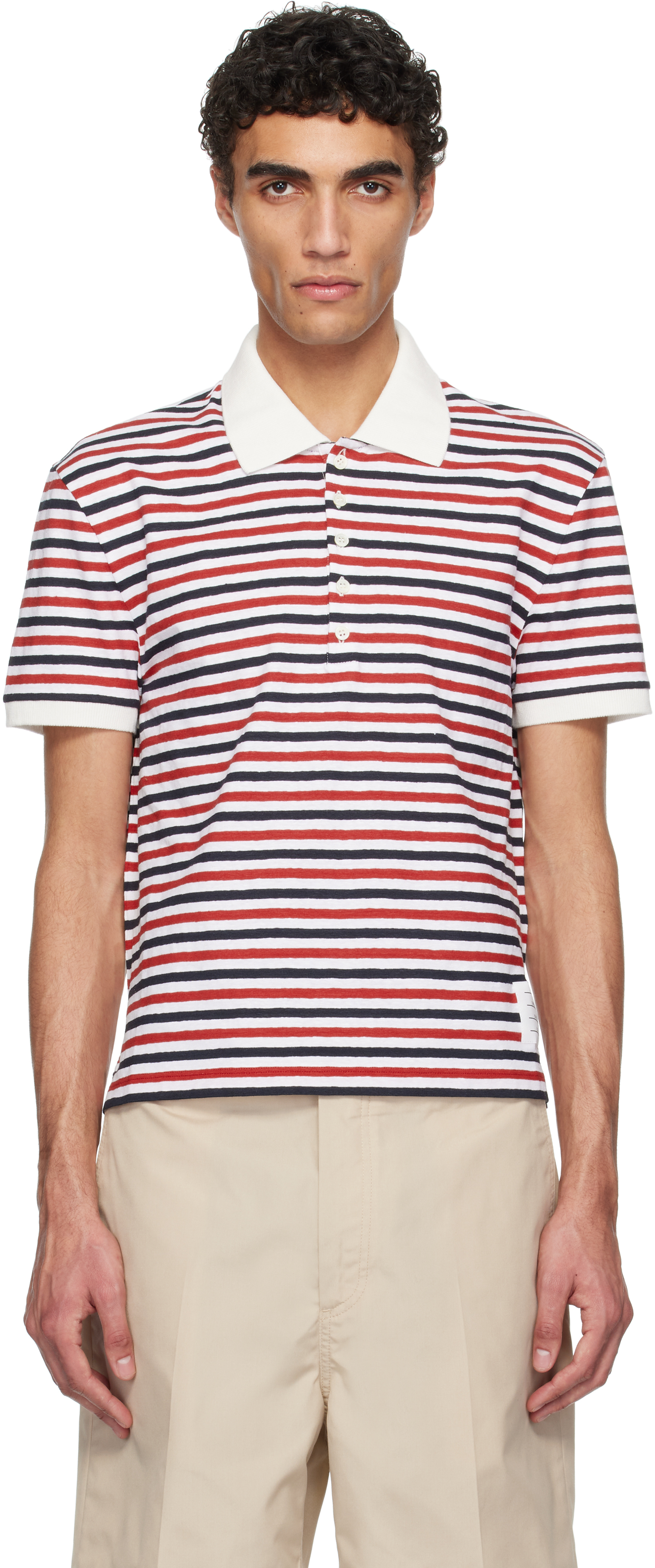 White & Red Linen Jersey Short Sleeve Polo