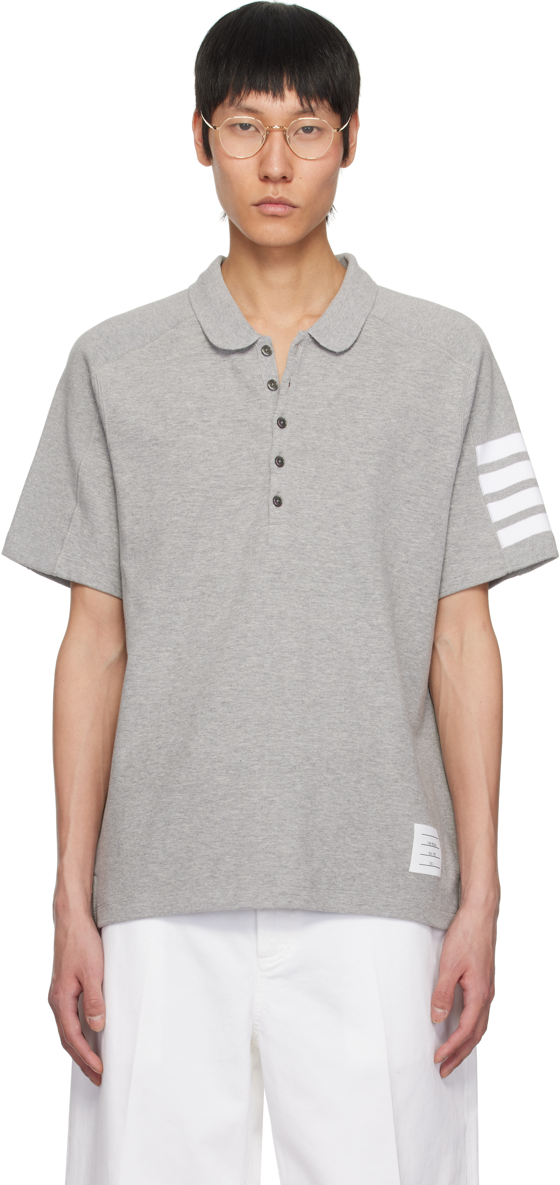 Thom Browne Gray Cotton 4-bar Short Sleeve Polo In 055 Lt Grey