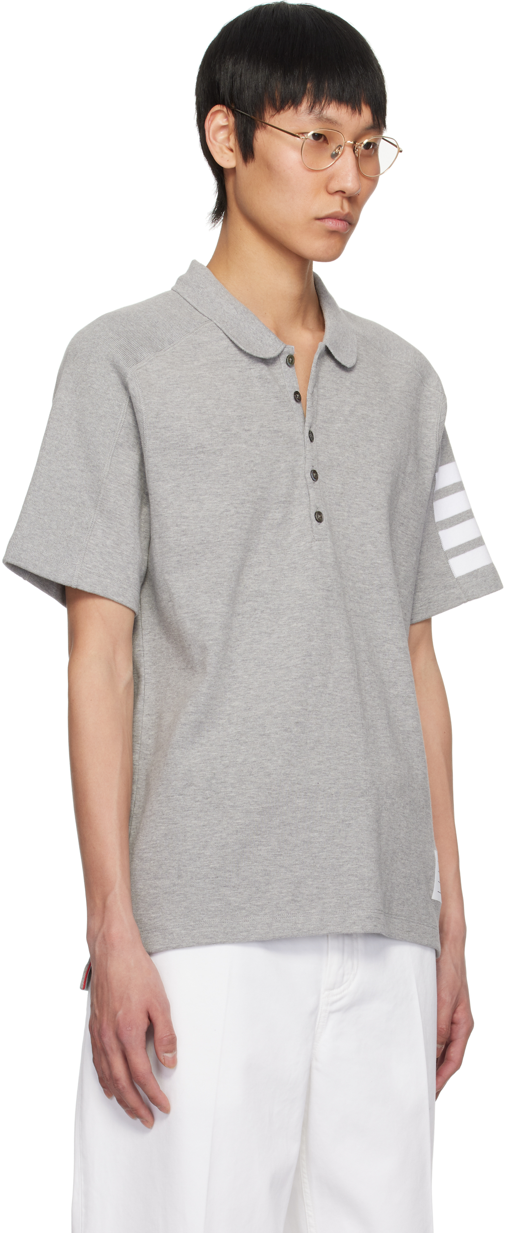 Thom Browne Gray Cotton 4-bar Short Sleeve Polo In 055 Lt Grey